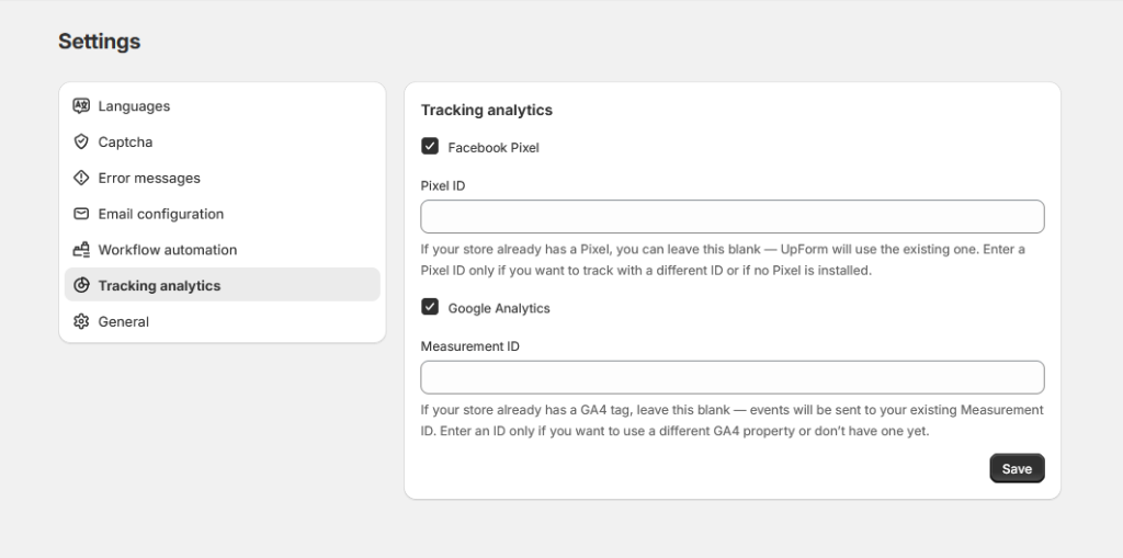 Facebook Pixel tracking analytics settings