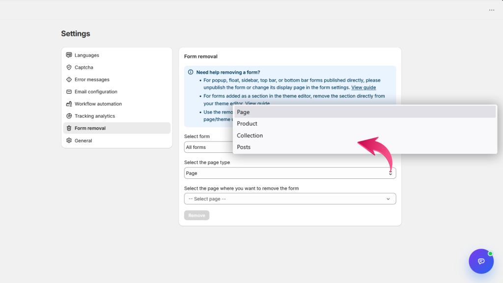Select page type for form removal
