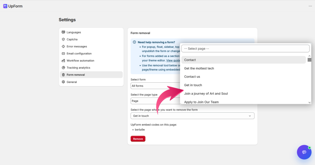 Select page to remove embed codes