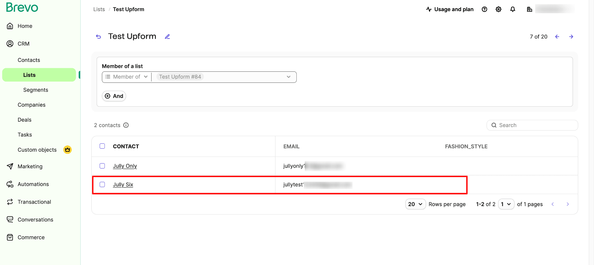 Confirm test contact in Brevo
