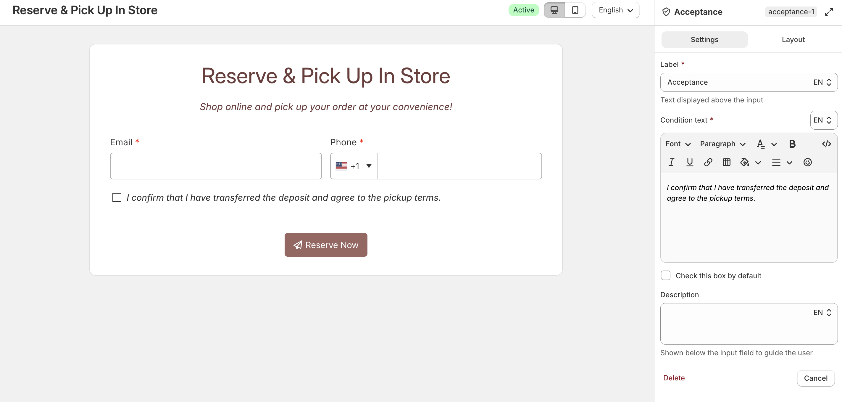Acceptance consent field settings