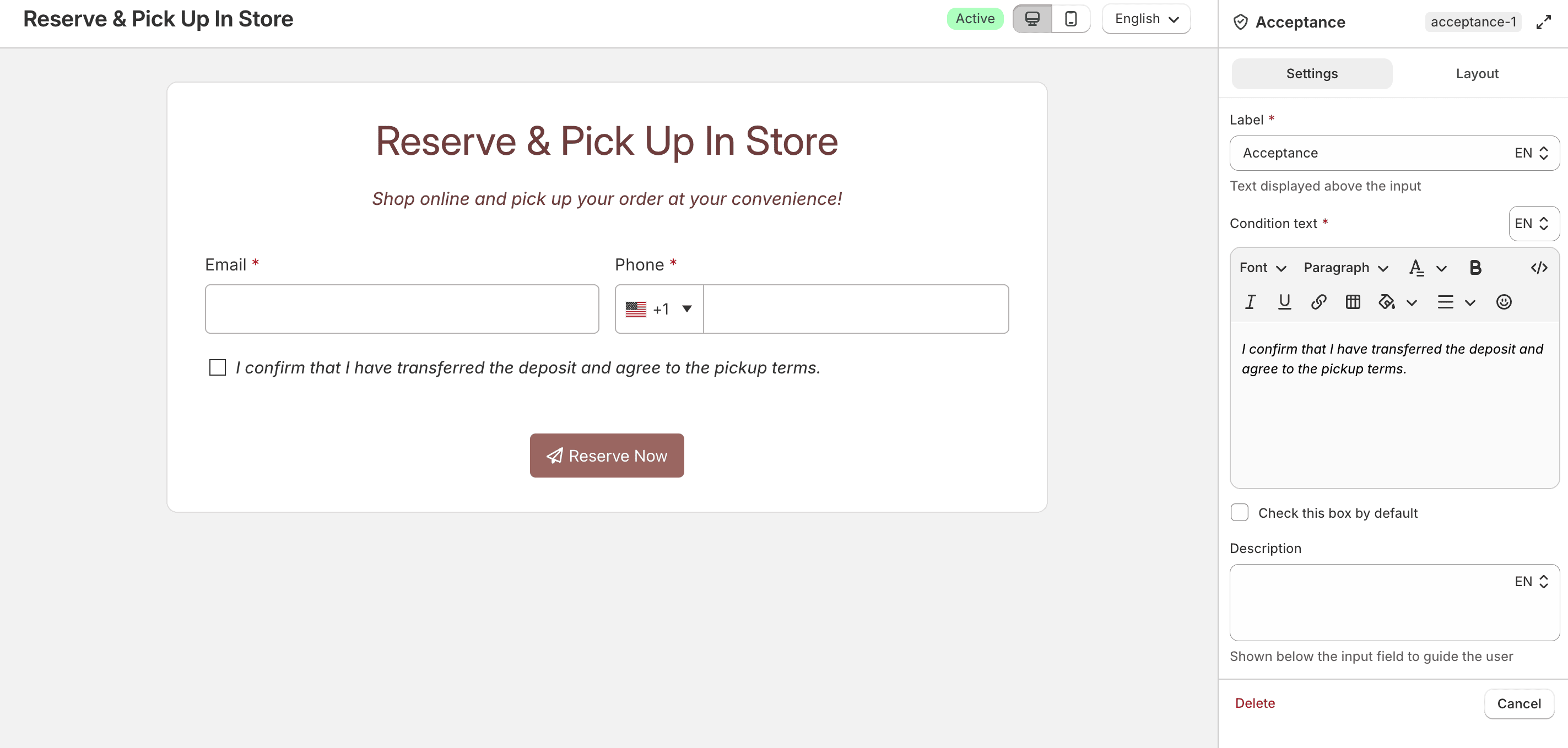 Acceptance consent field settings