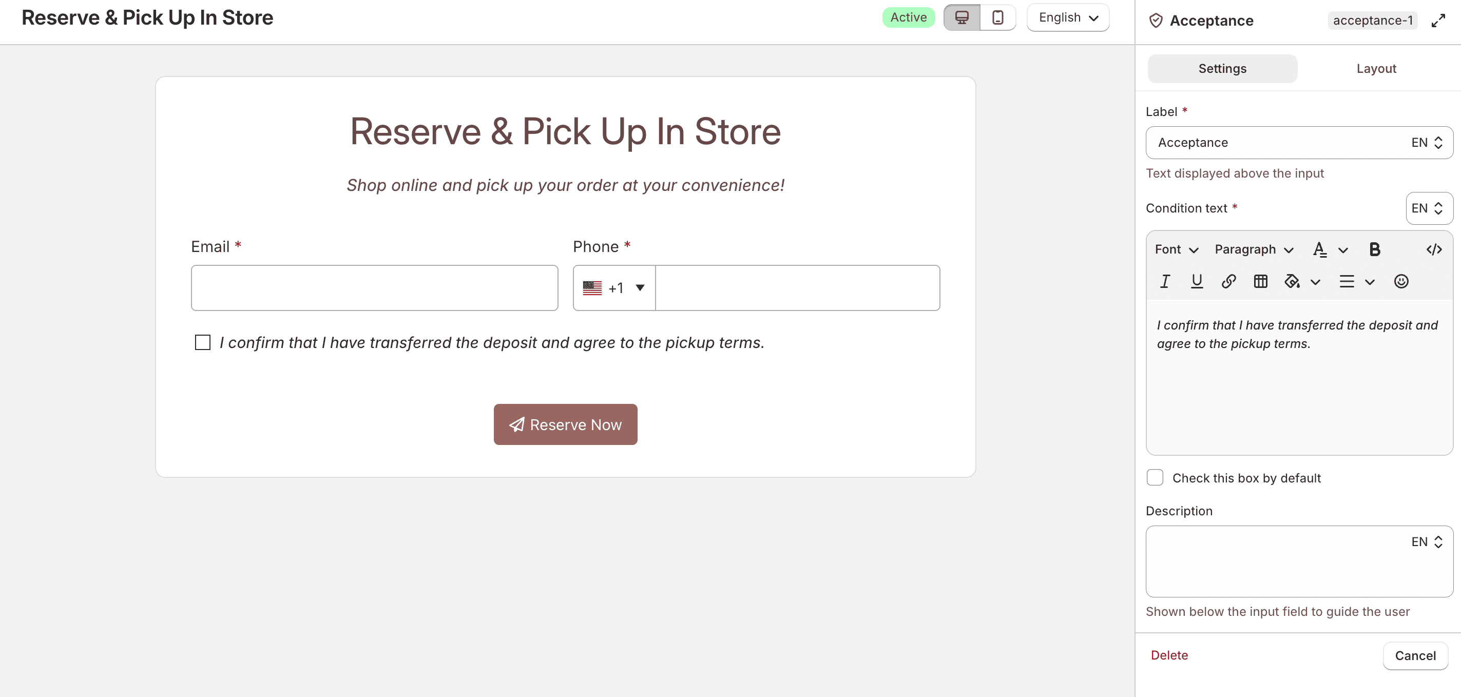 Acceptance consent field settings