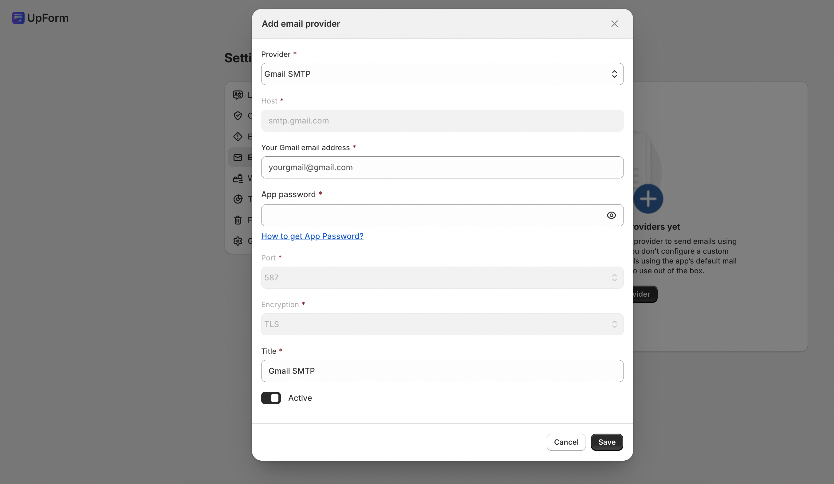 Add Gmail SMTP provider in UpForm