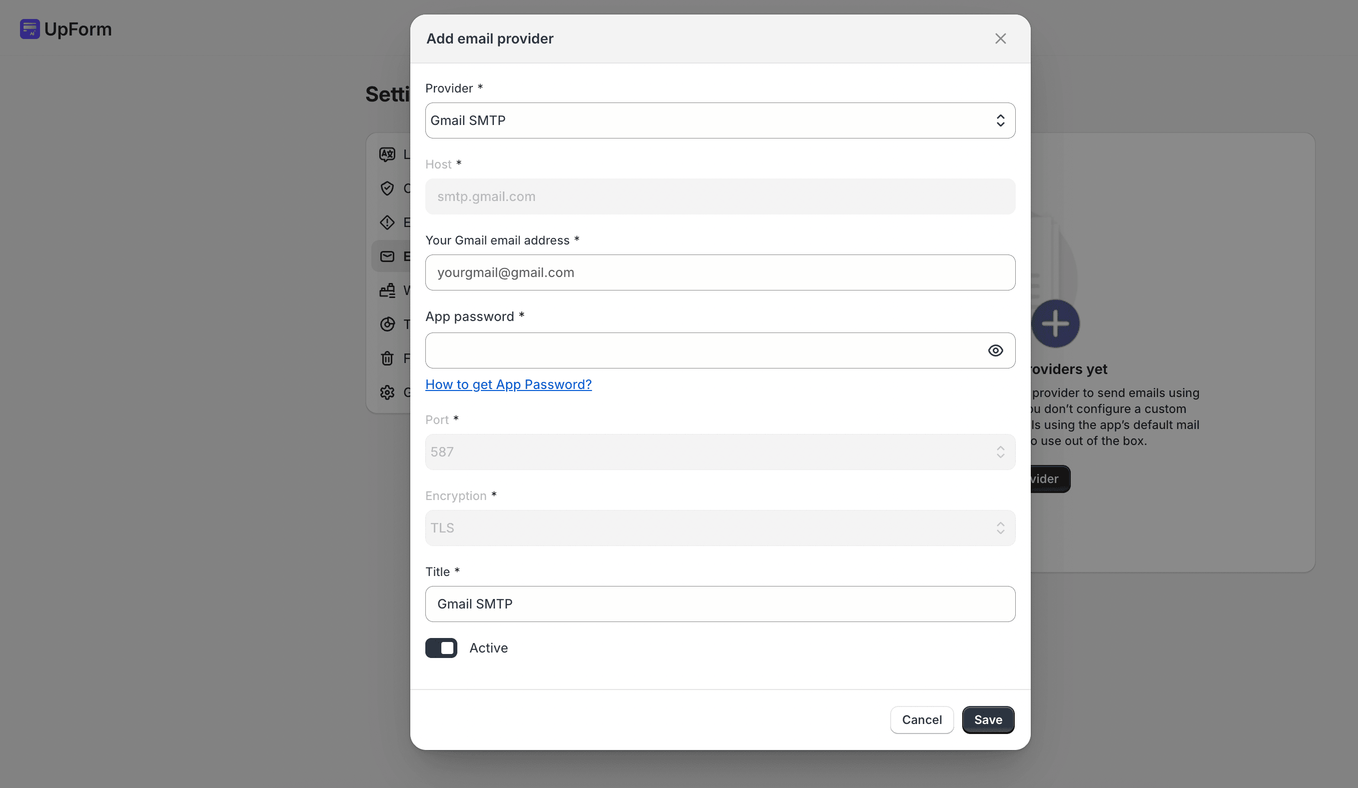 Add Gmail SMTP provider in UpForm