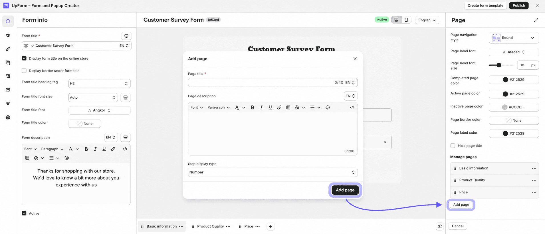 Add or edit page modal