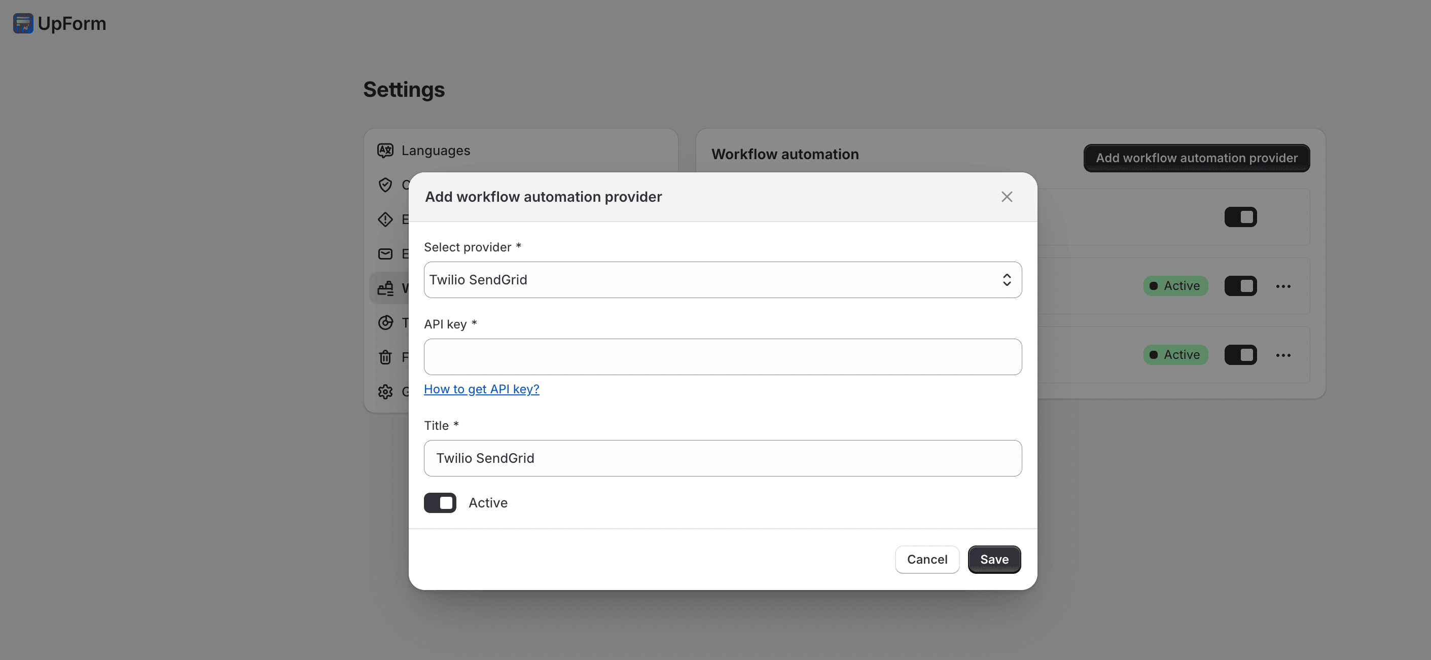 Add SendGrid workflow automation provider