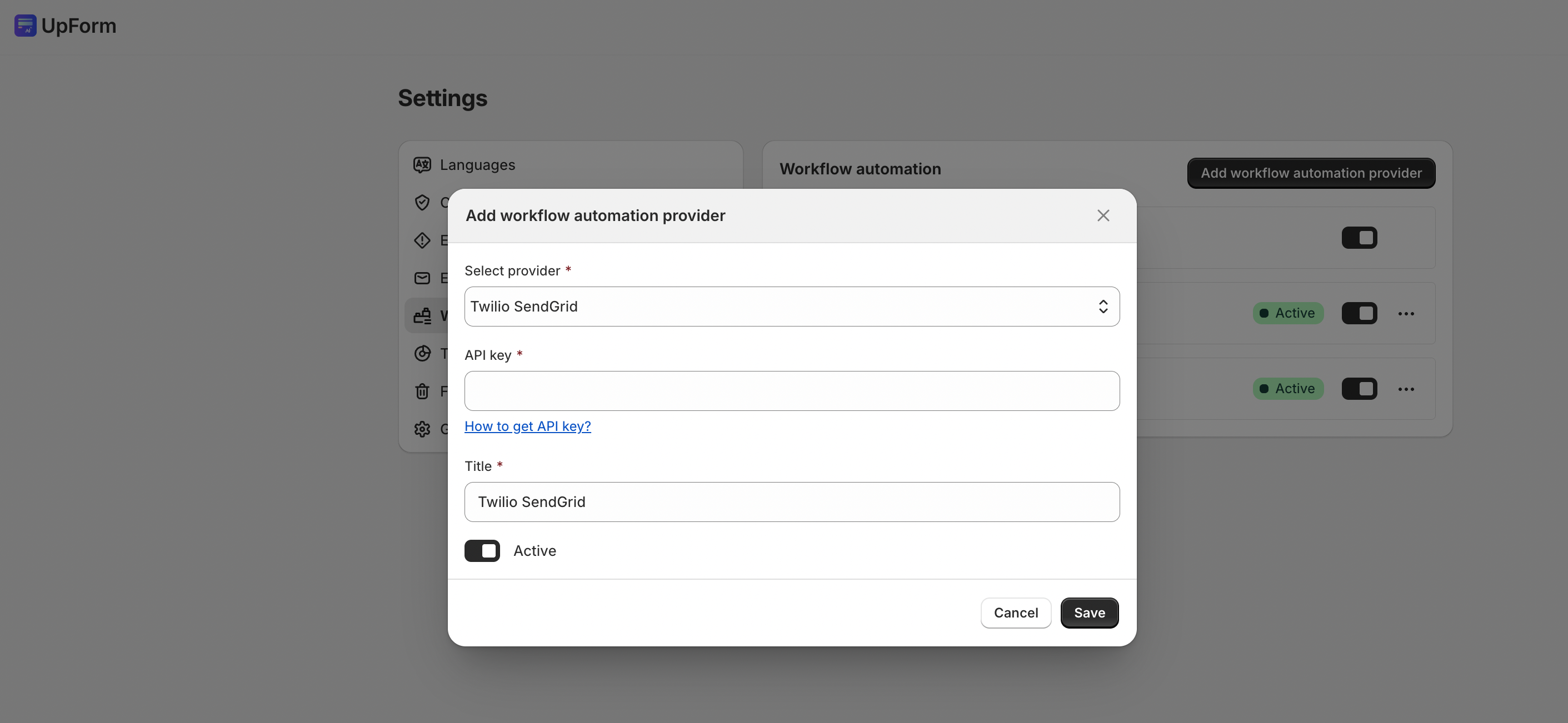 Add SendGrid workflow automation provider