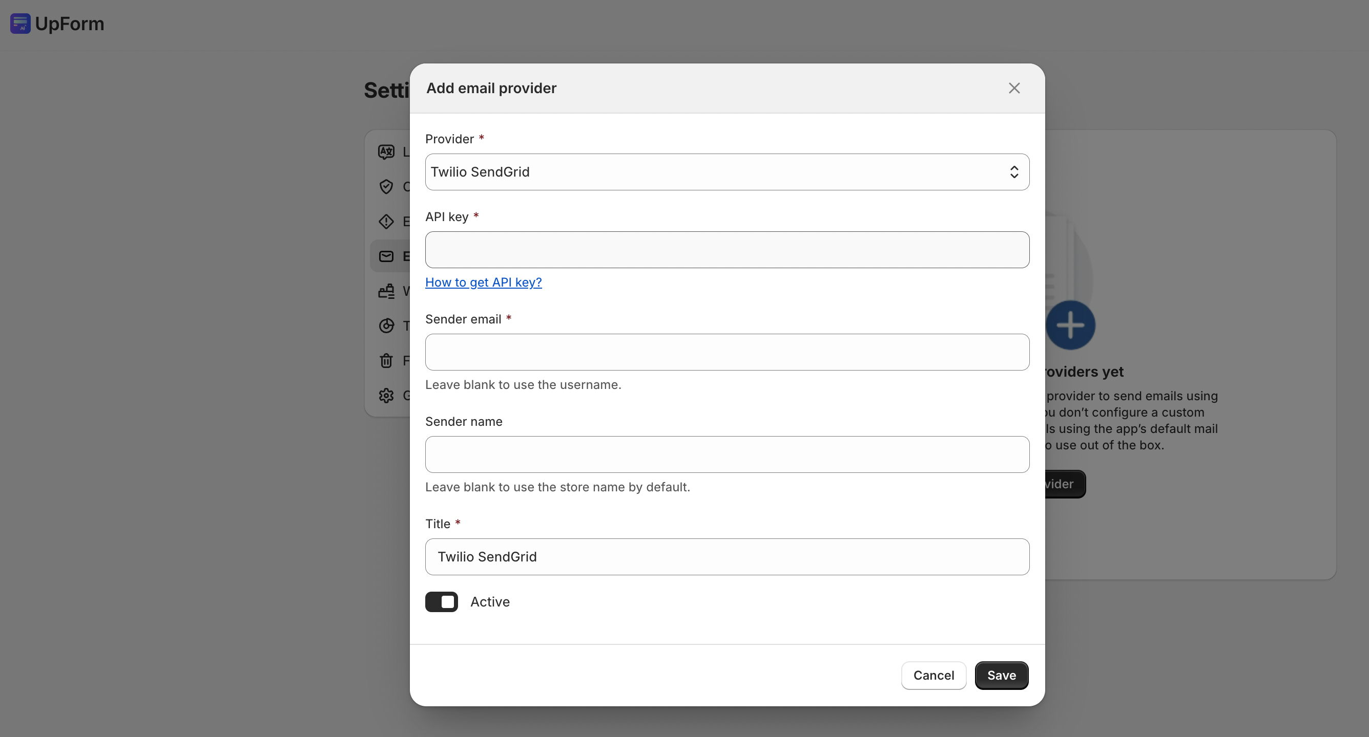 Add Twilio SendGrid email provider in UpForm