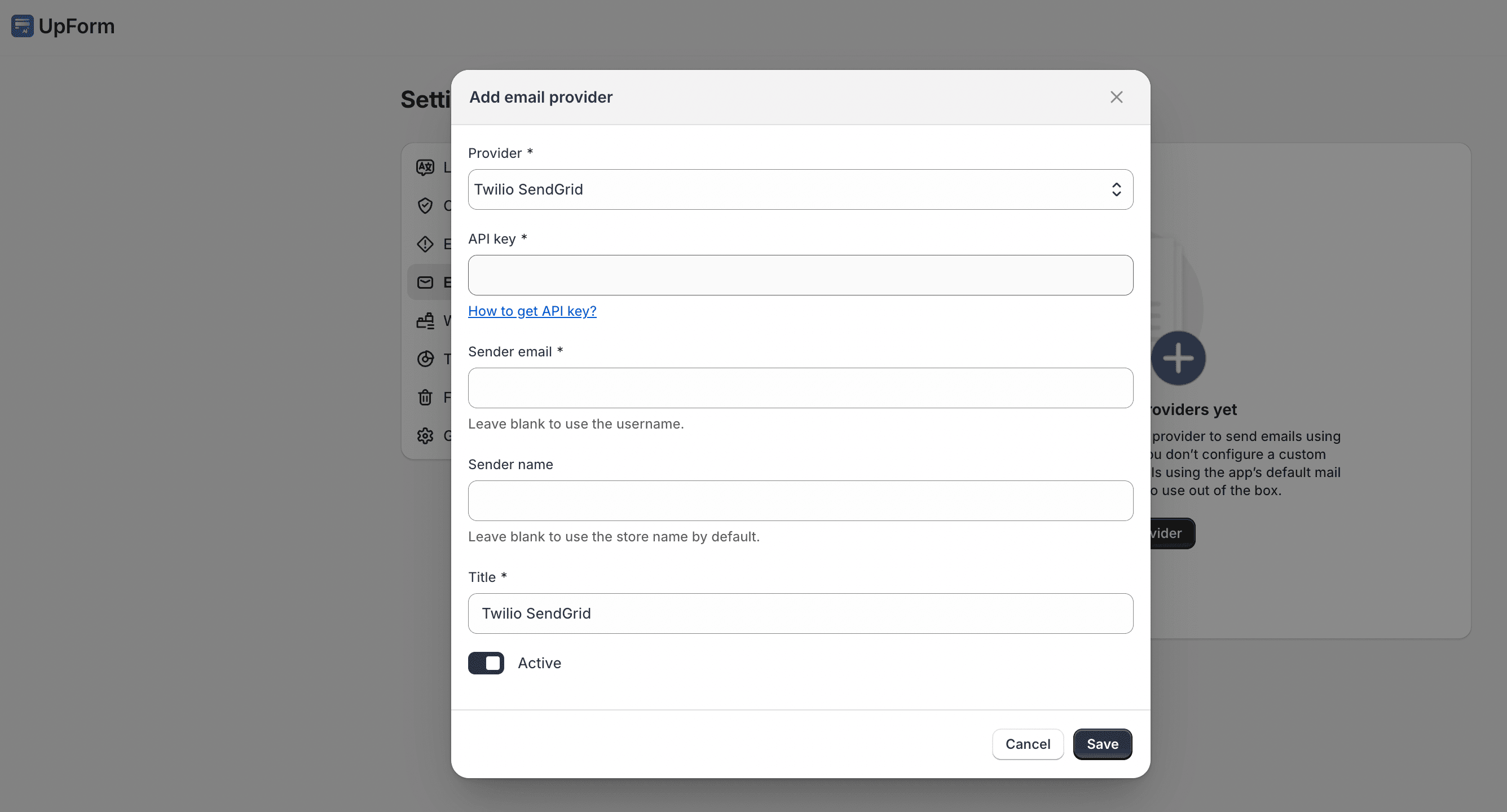 Add Twilio SendGrid email provider in UpForm