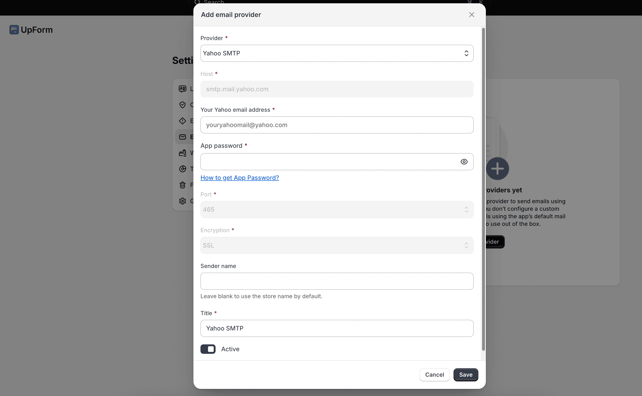Add Yahoo SMTP provider in UpForm