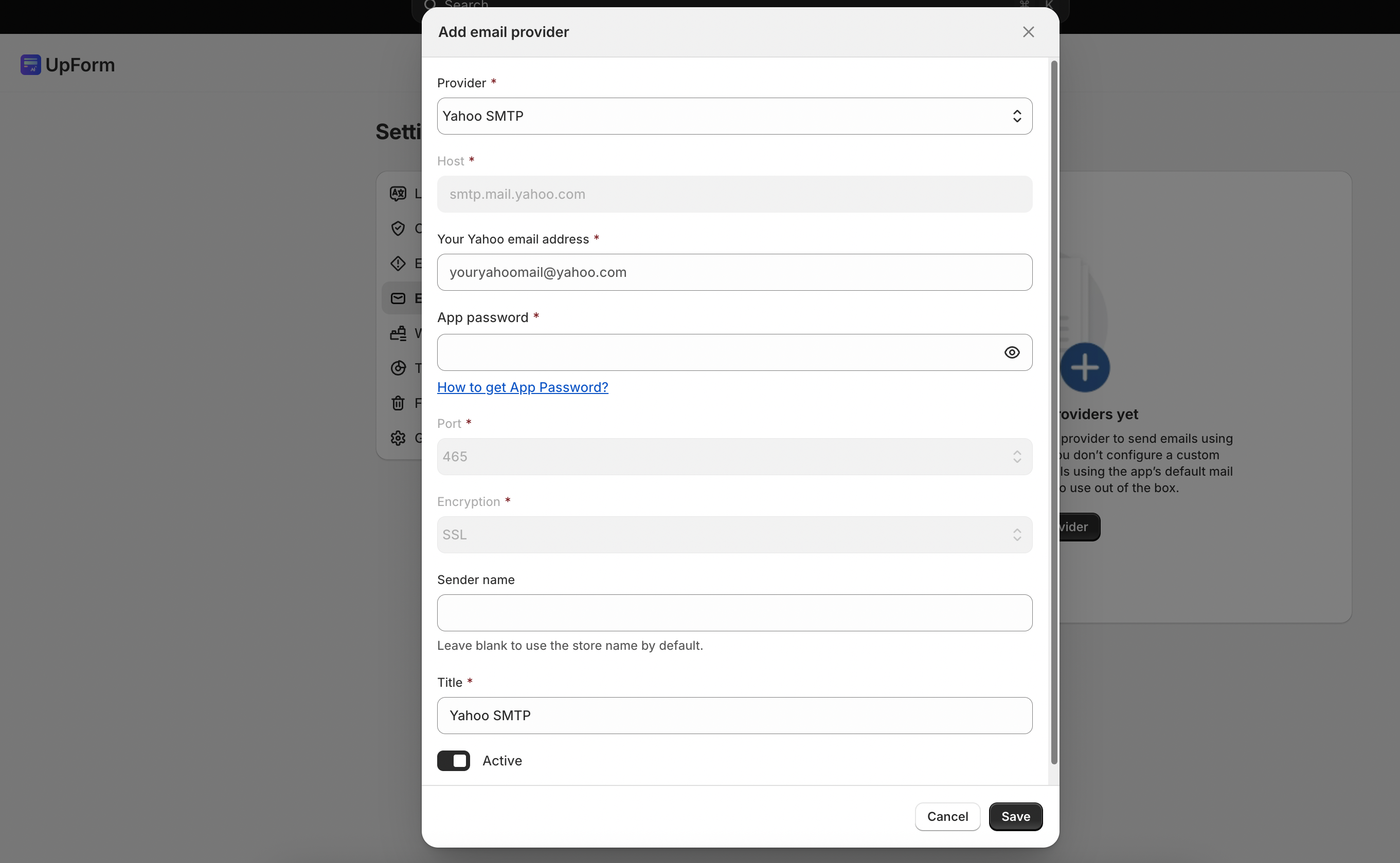 Add Yahoo SMTP provider in UpForm