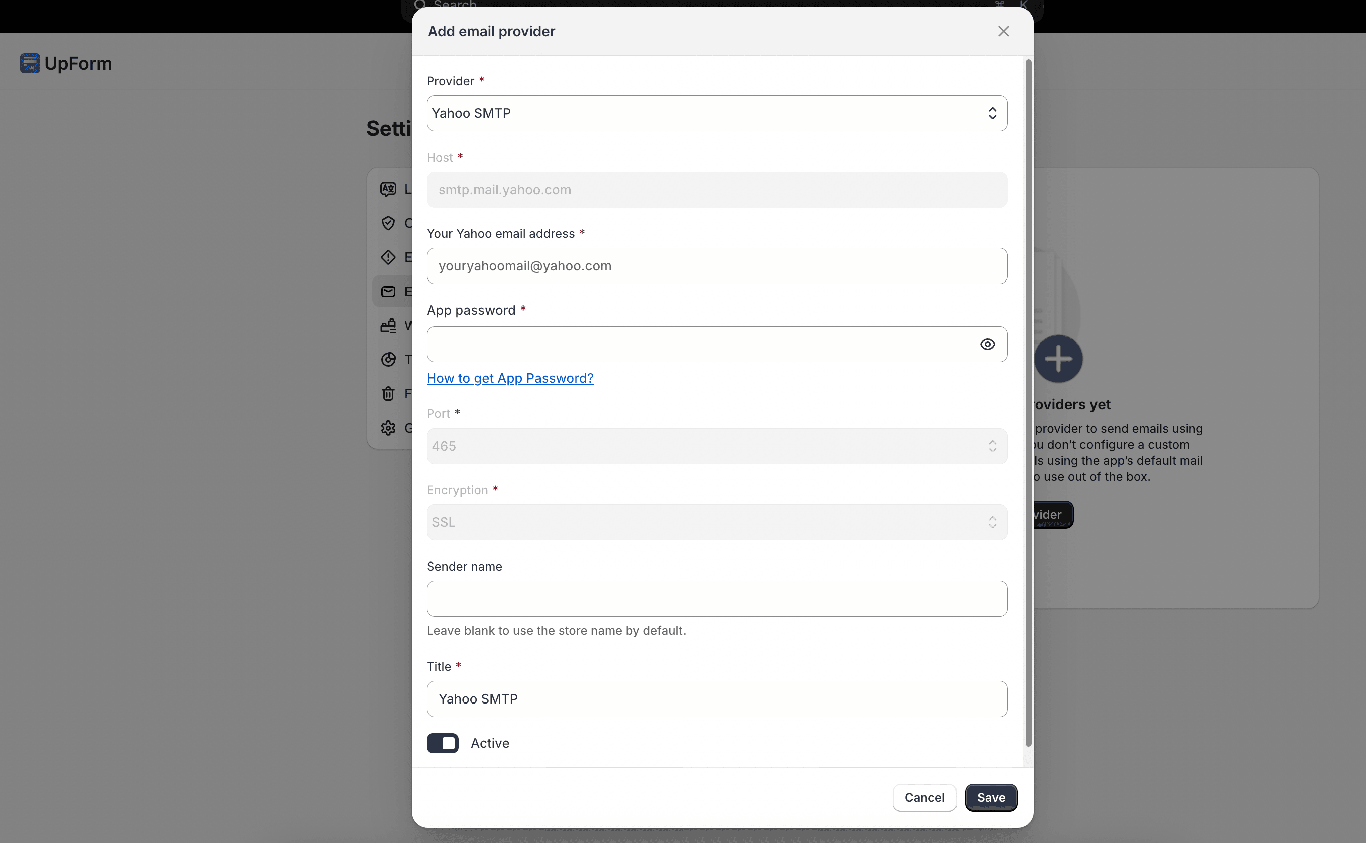 Add Yahoo SMTP provider in UpForm