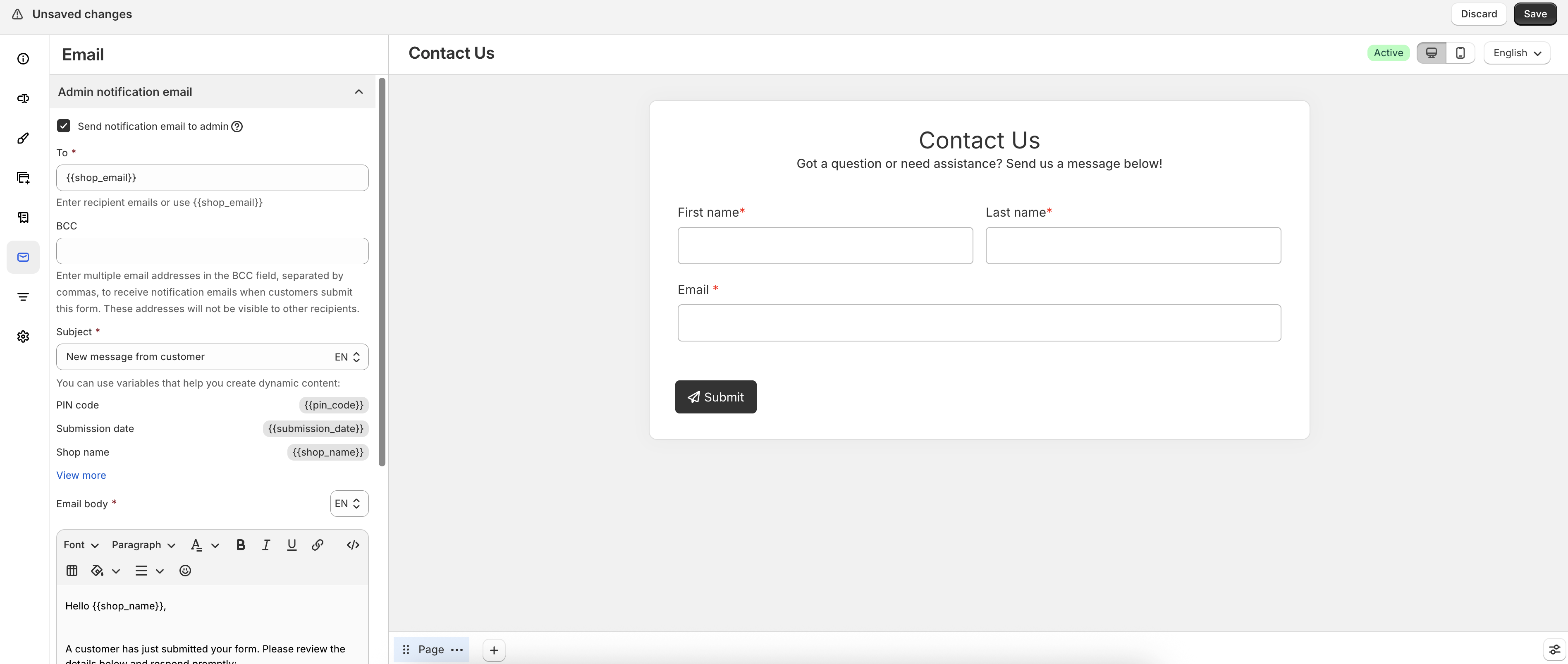 Admin notification email settings