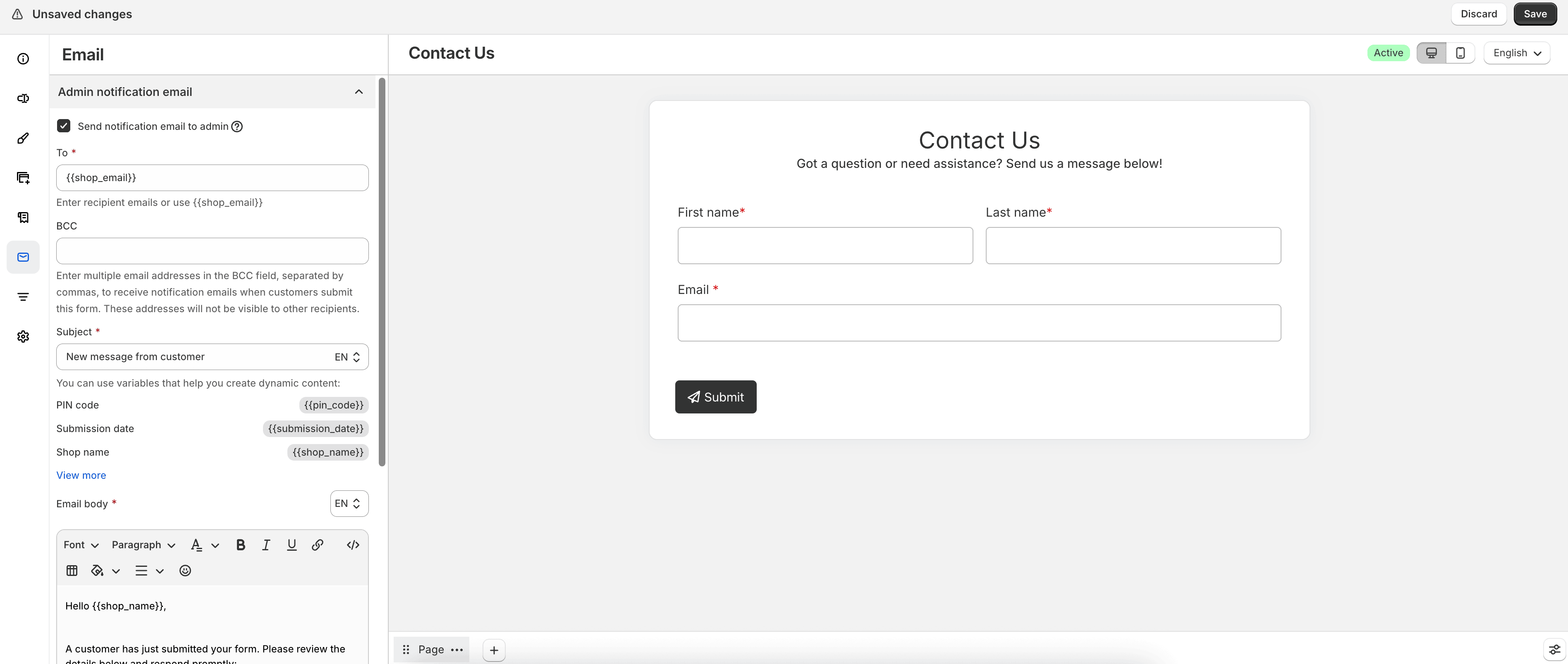 Admin notification email settings