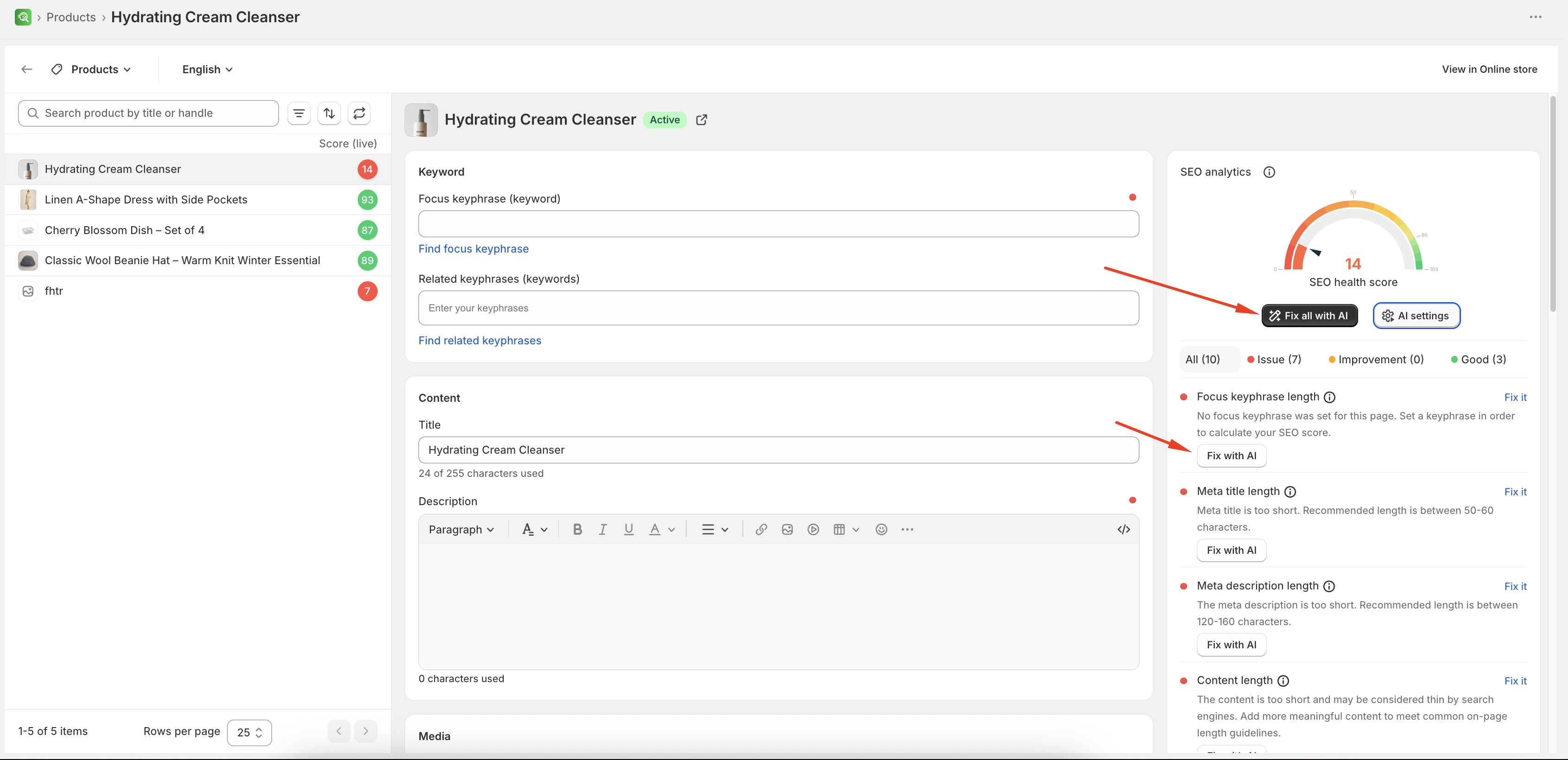 Generate with AI sidebar for fixing SEO recommendations