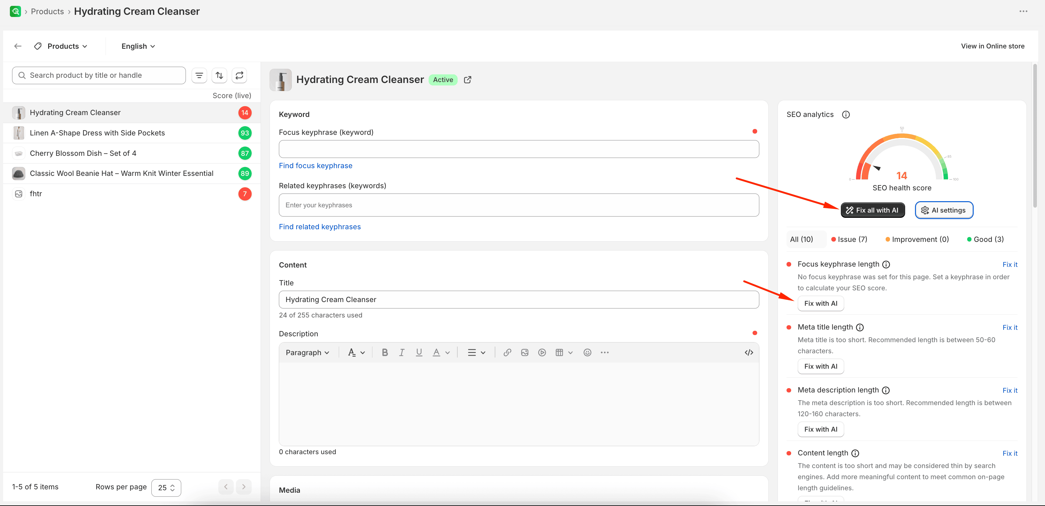 Generate with AI sidebar for fixing SEO recommendations