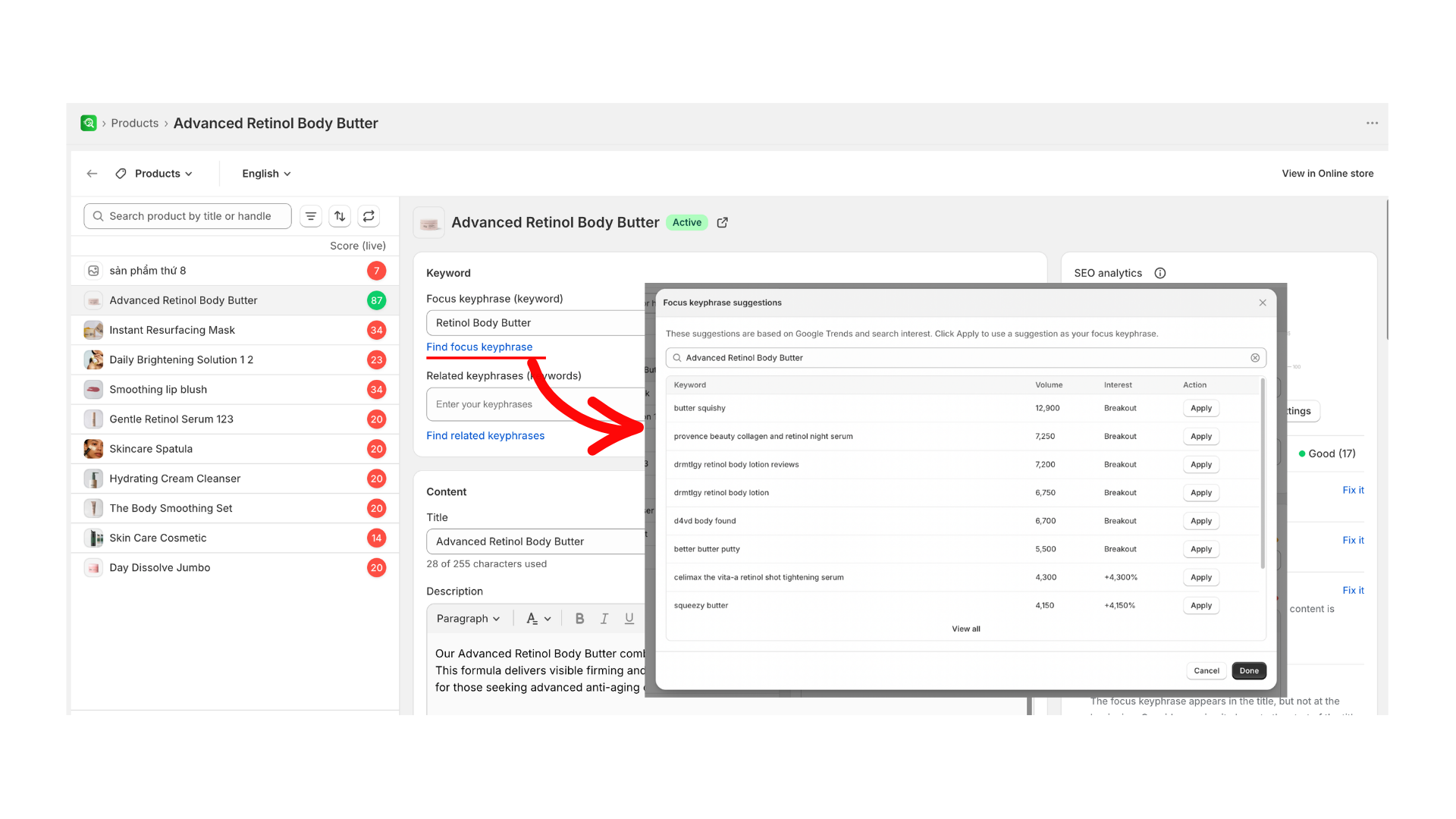 AI keyphrase suggestions with search interest trends