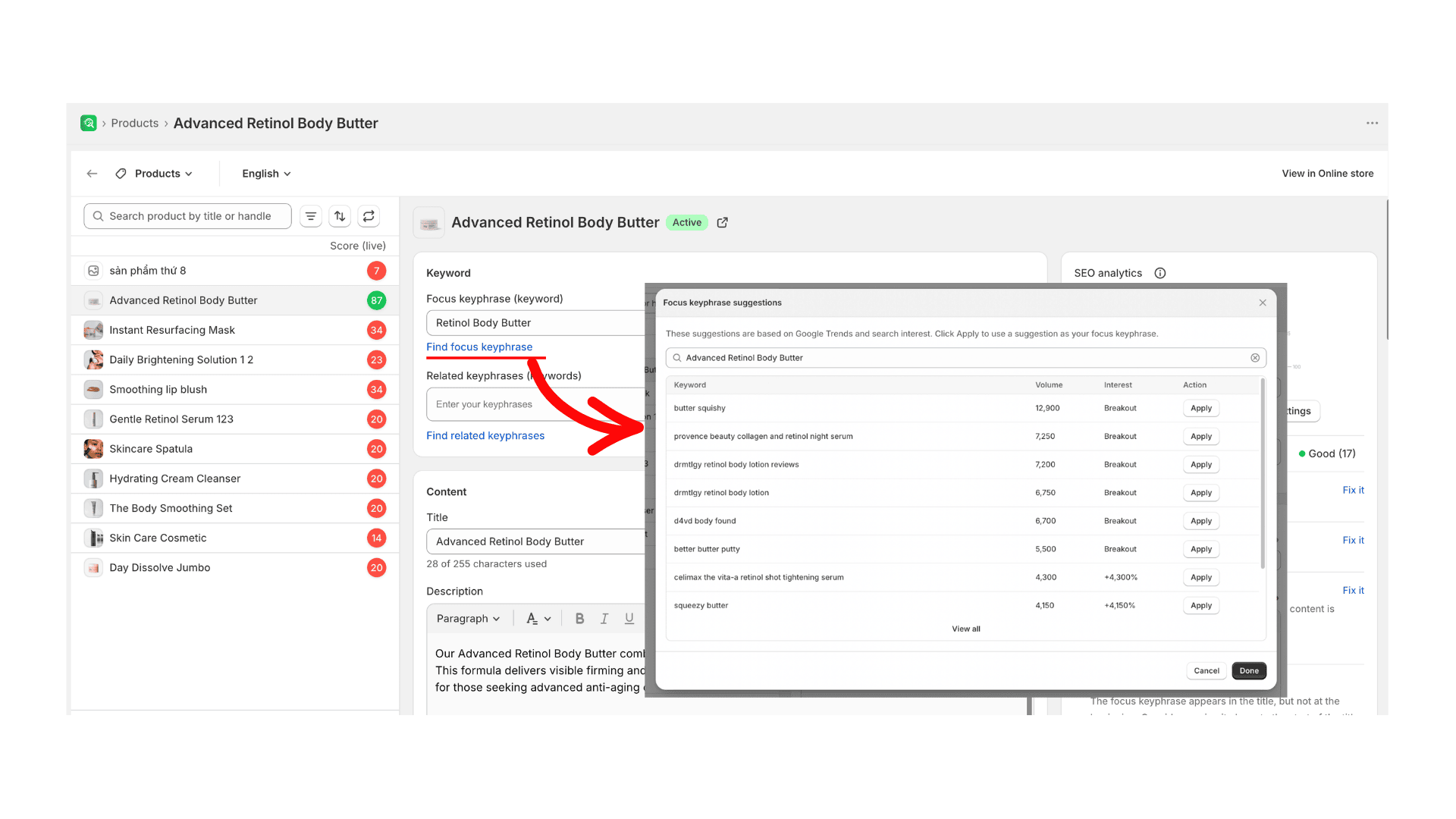 AI keyphrase suggestions with search interest trends