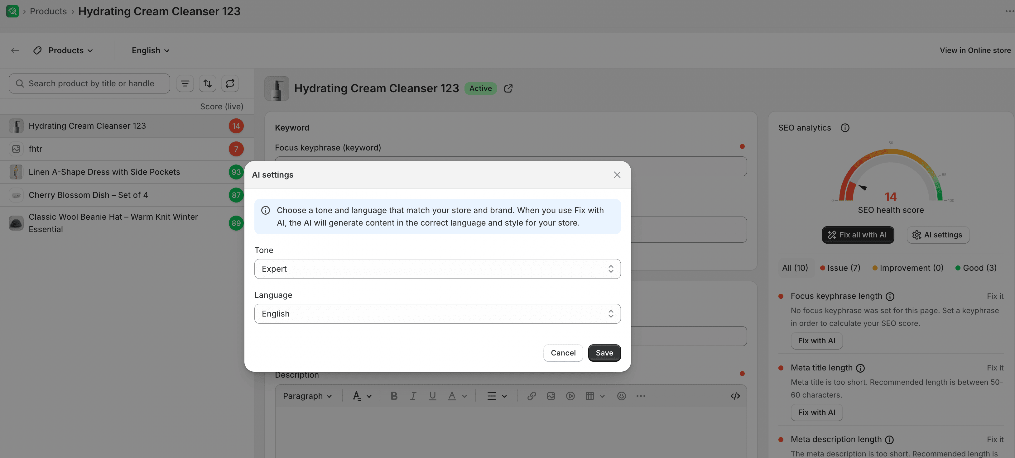 AI settings panel for language and tone of voice