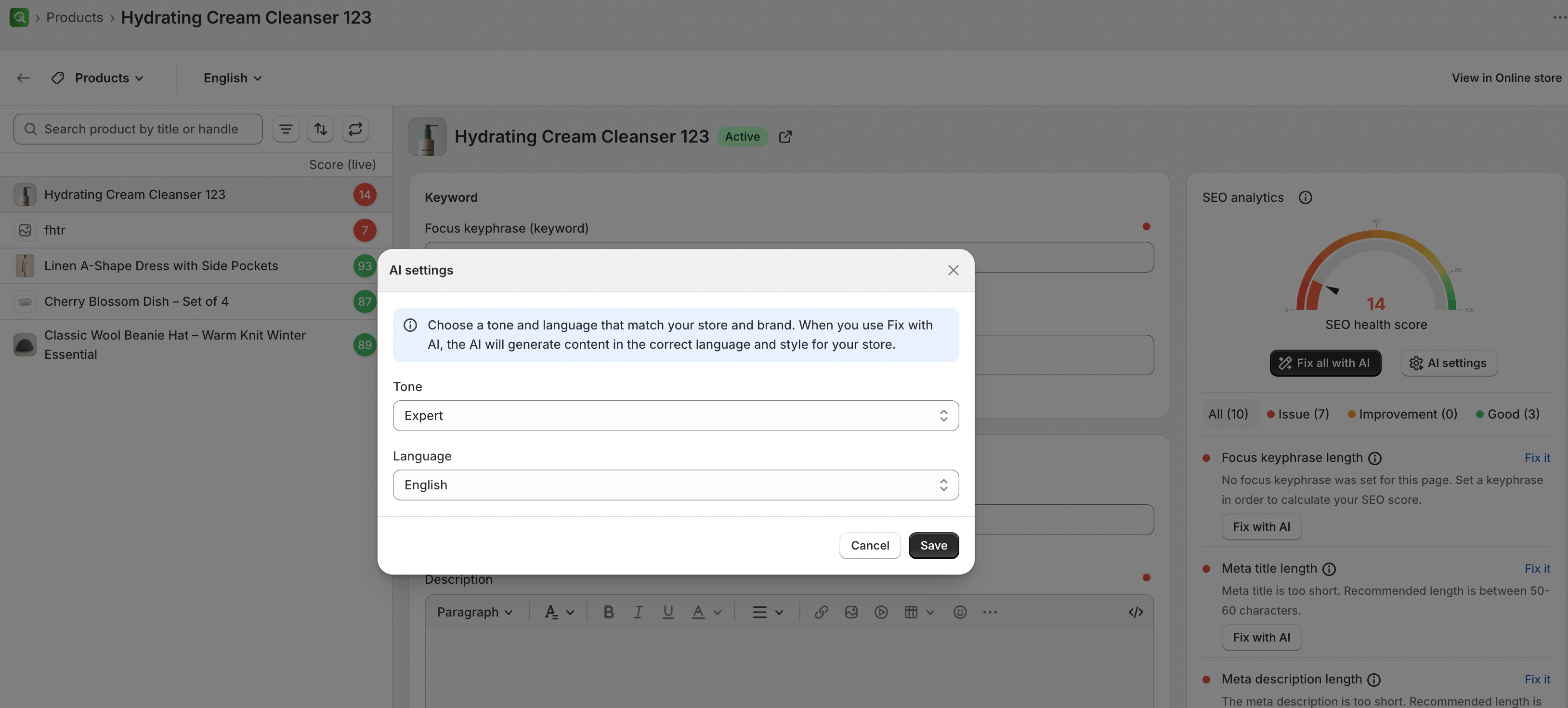 AI settings panel for language and tone of voice