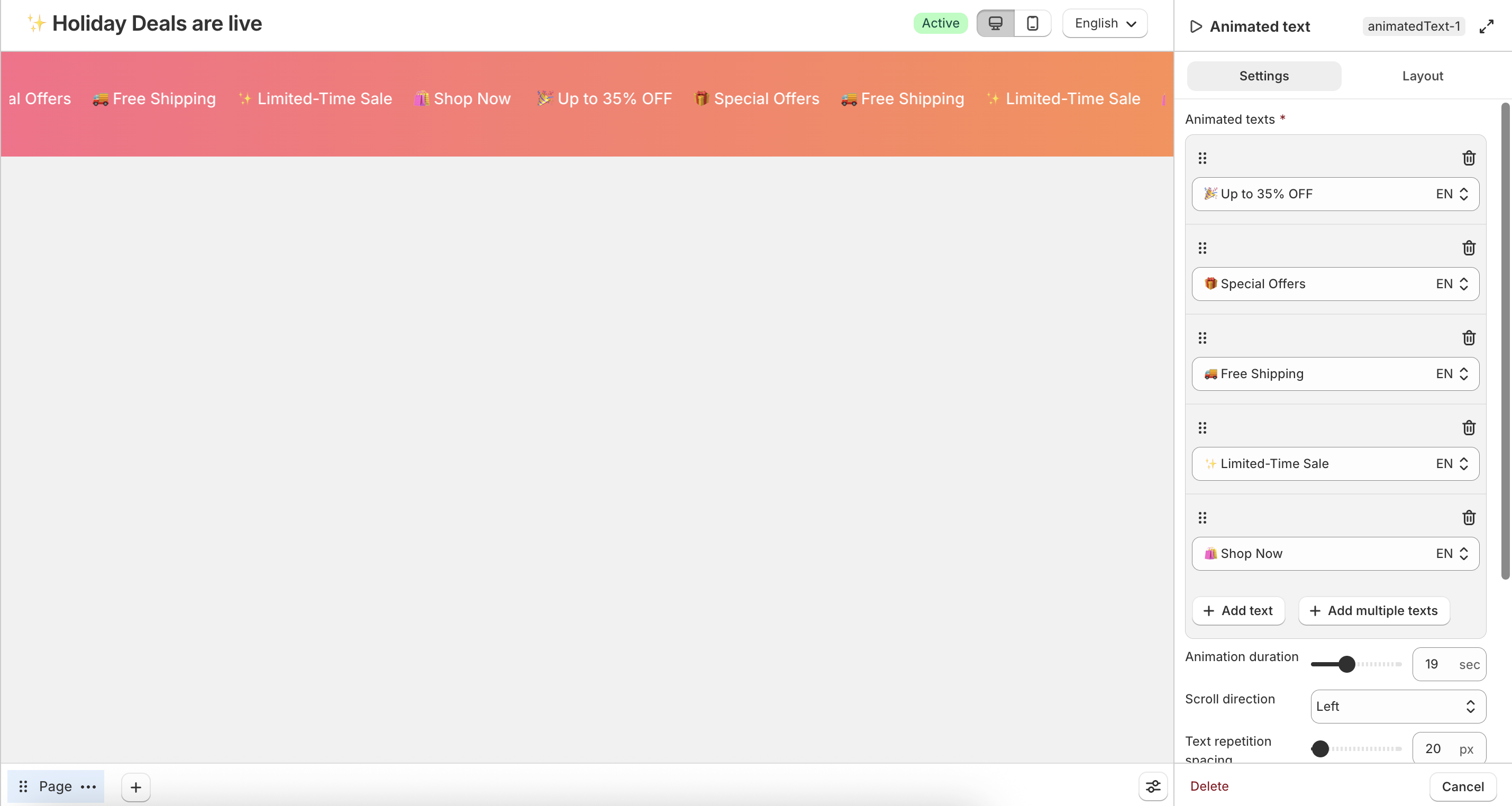 Animated text content block settings