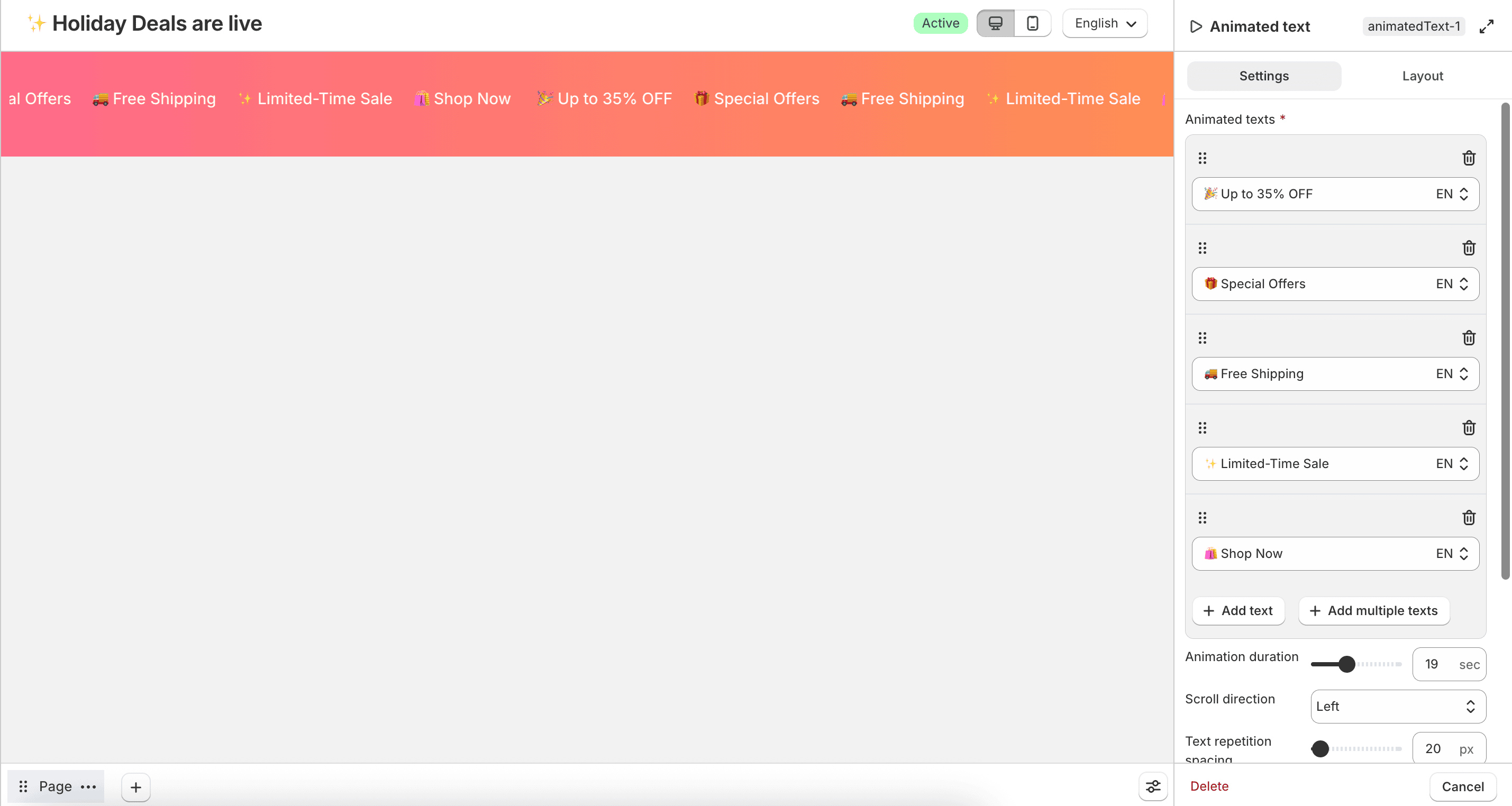 Animated text content block settings