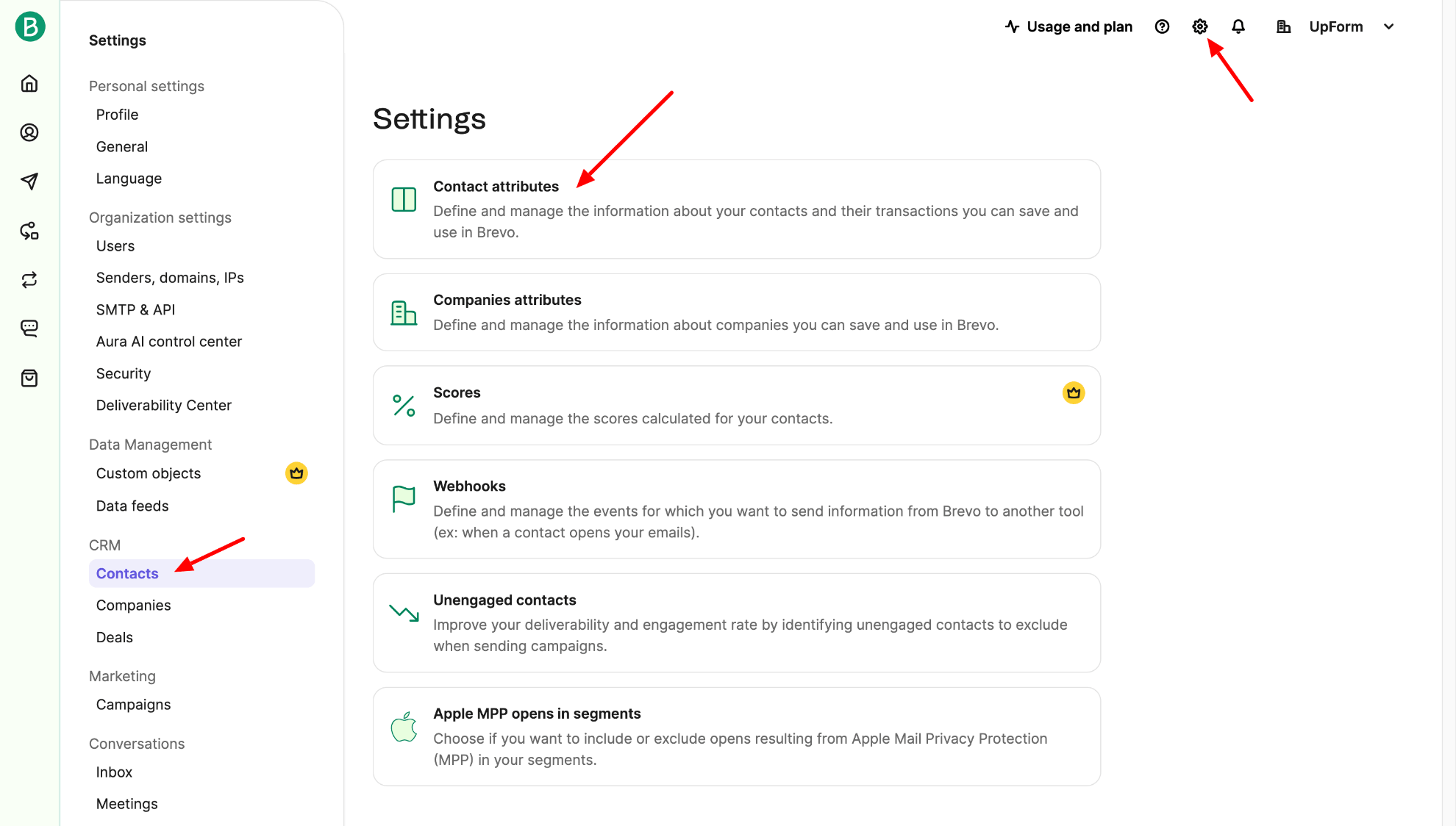 Brevo contact attributes settings