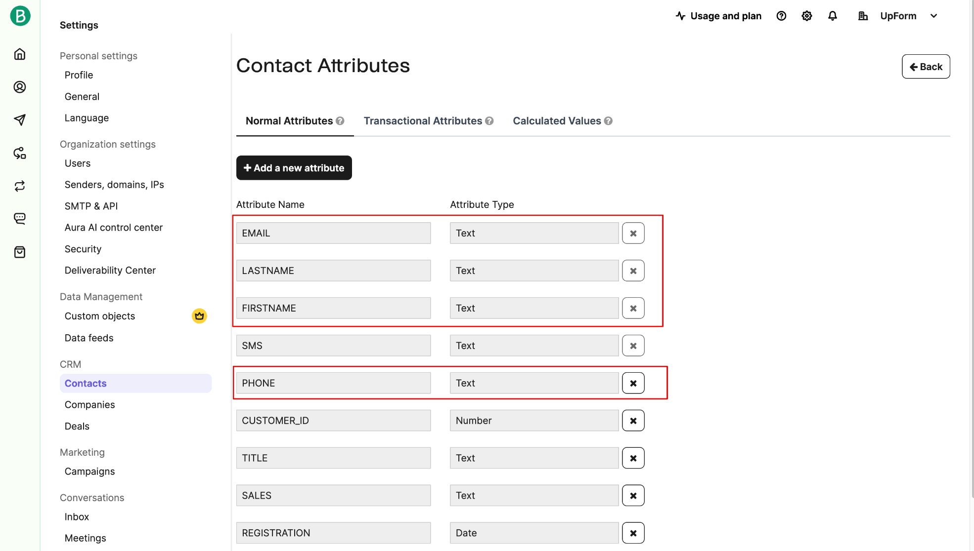 Review existing Brevo contact attributes