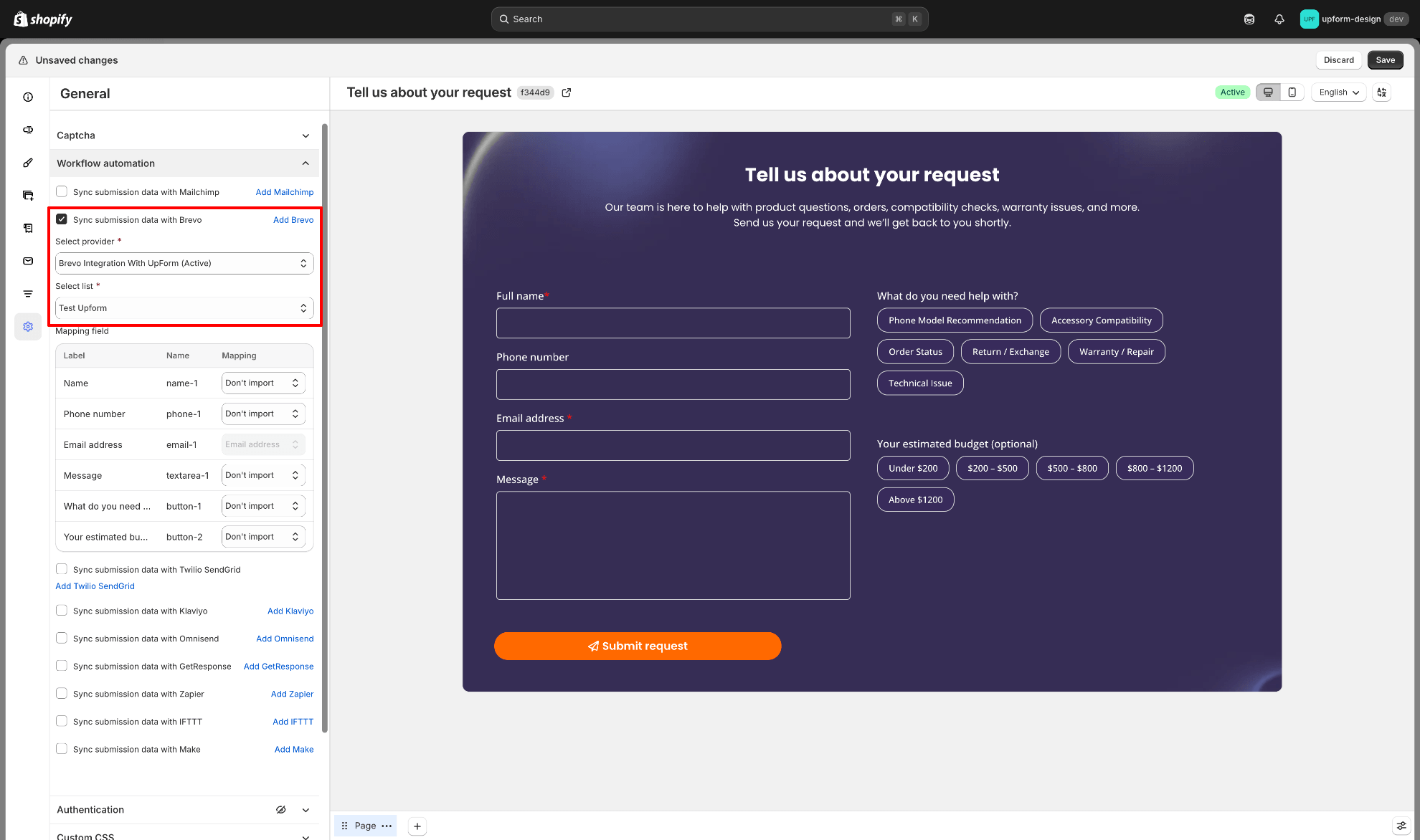 Form Brevo list and sync settings