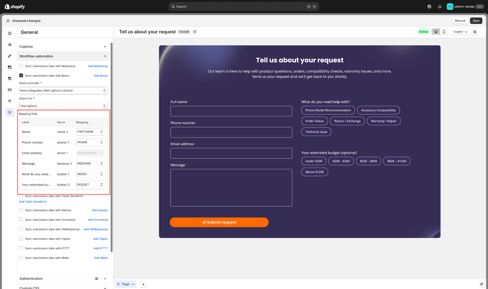 Map form fields to Brevo attributes