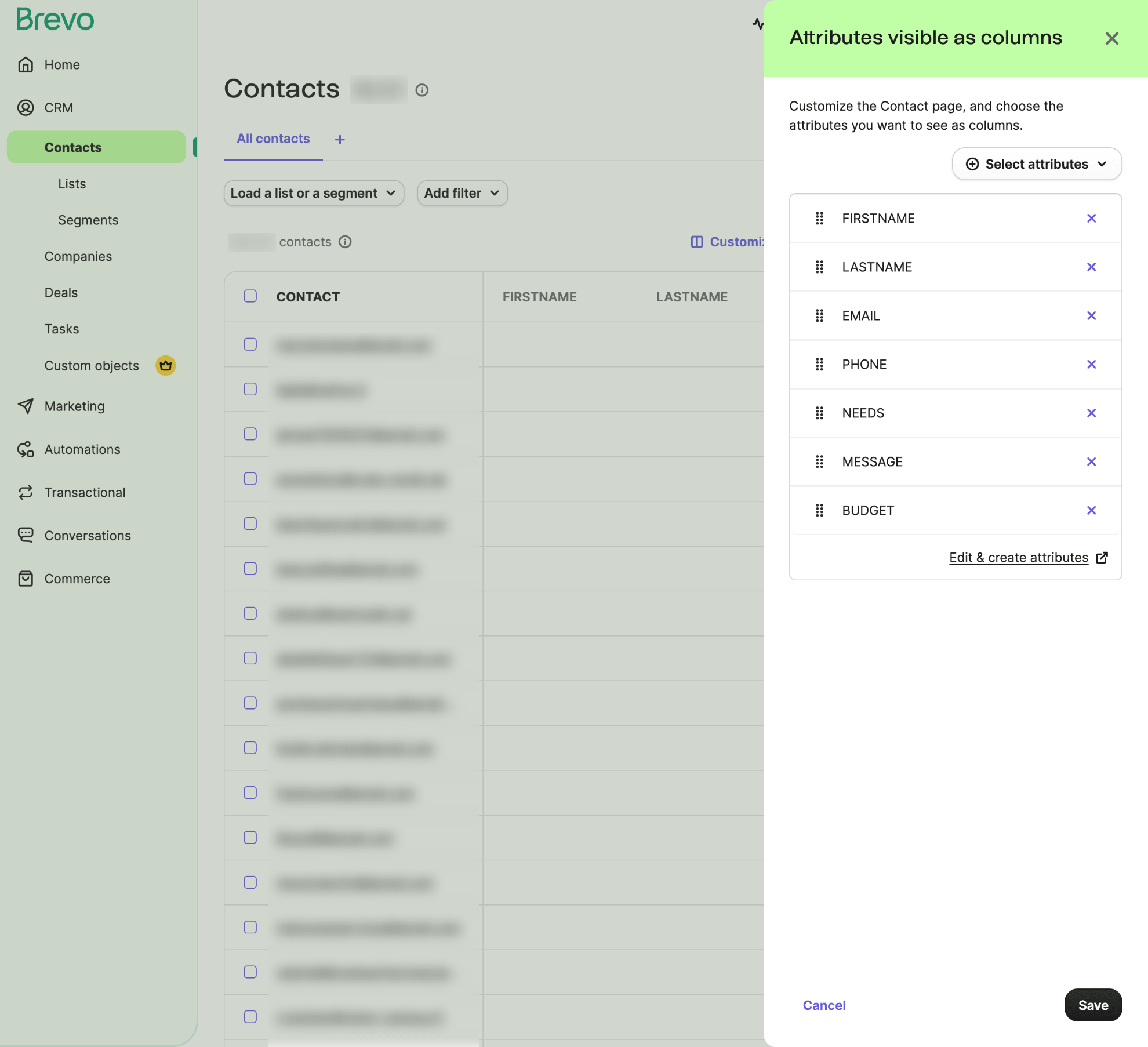 Select Brevo attributes as list columns