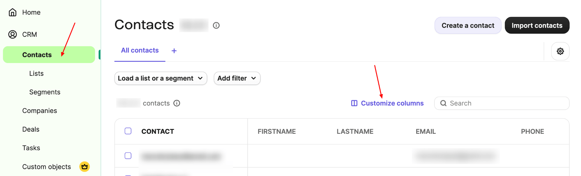 Customize Brevo contact list columns