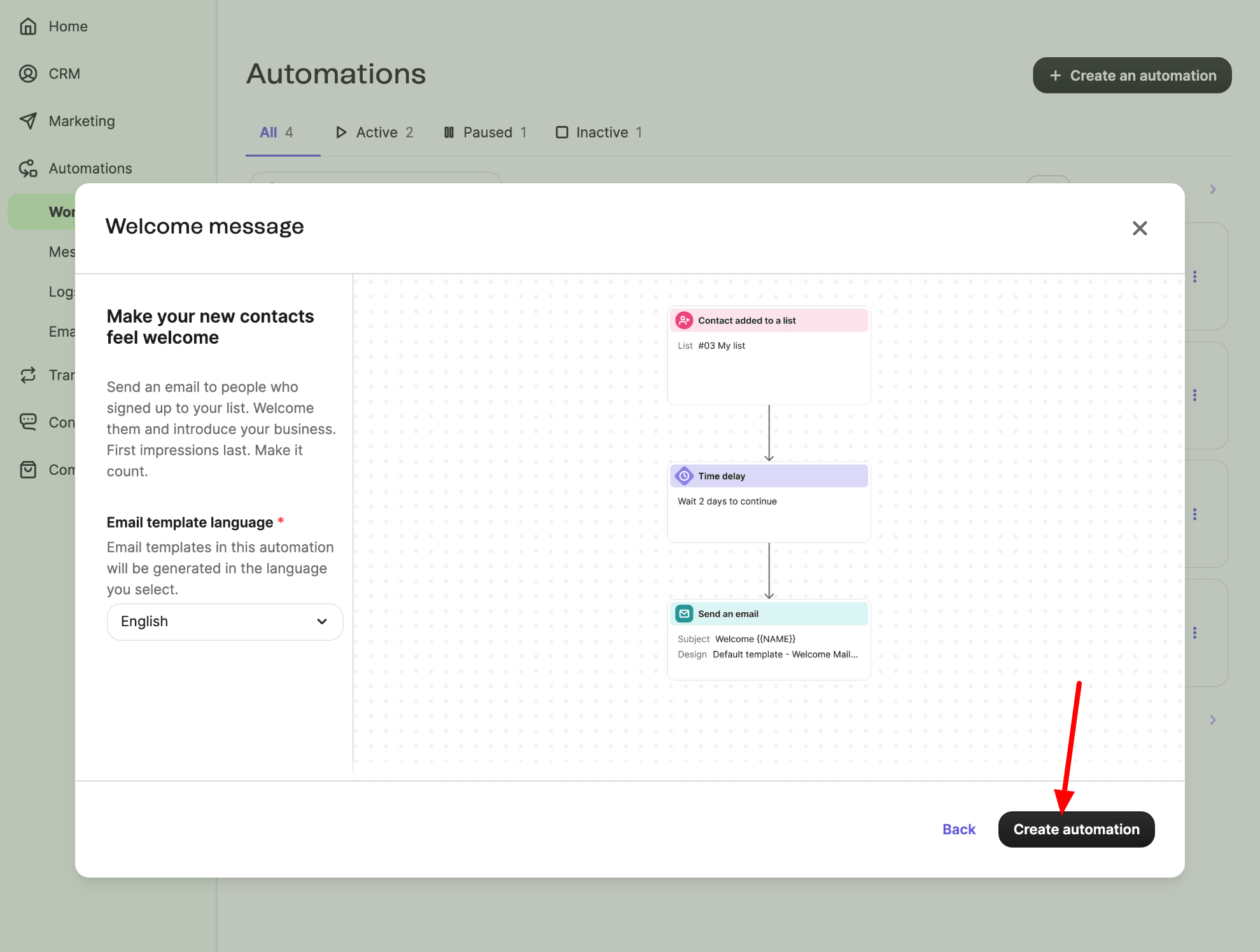 Choose Brevo workflow from scratch or template