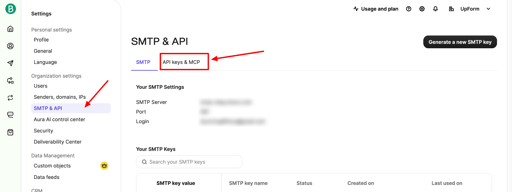 Brevo SMTP and API Keys tab