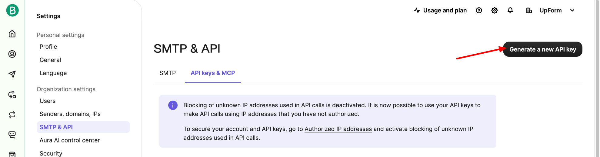 Generate a new Brevo API key
