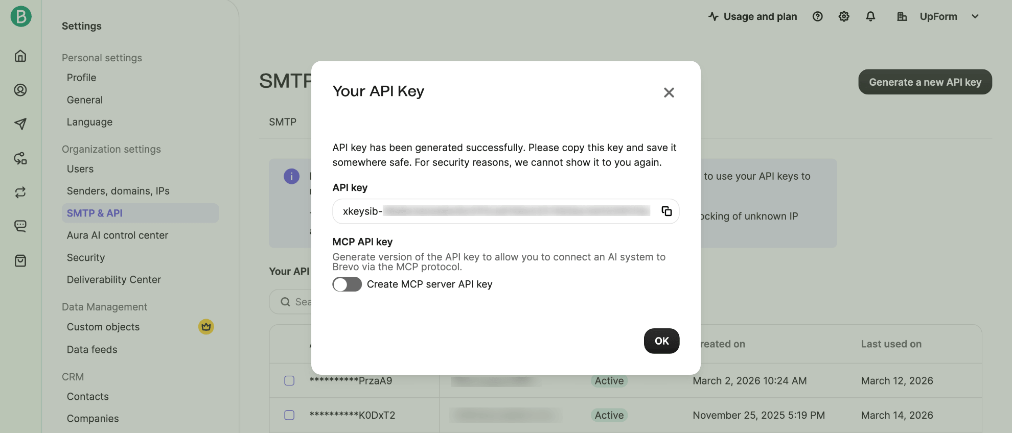 Copy new Brevo API key