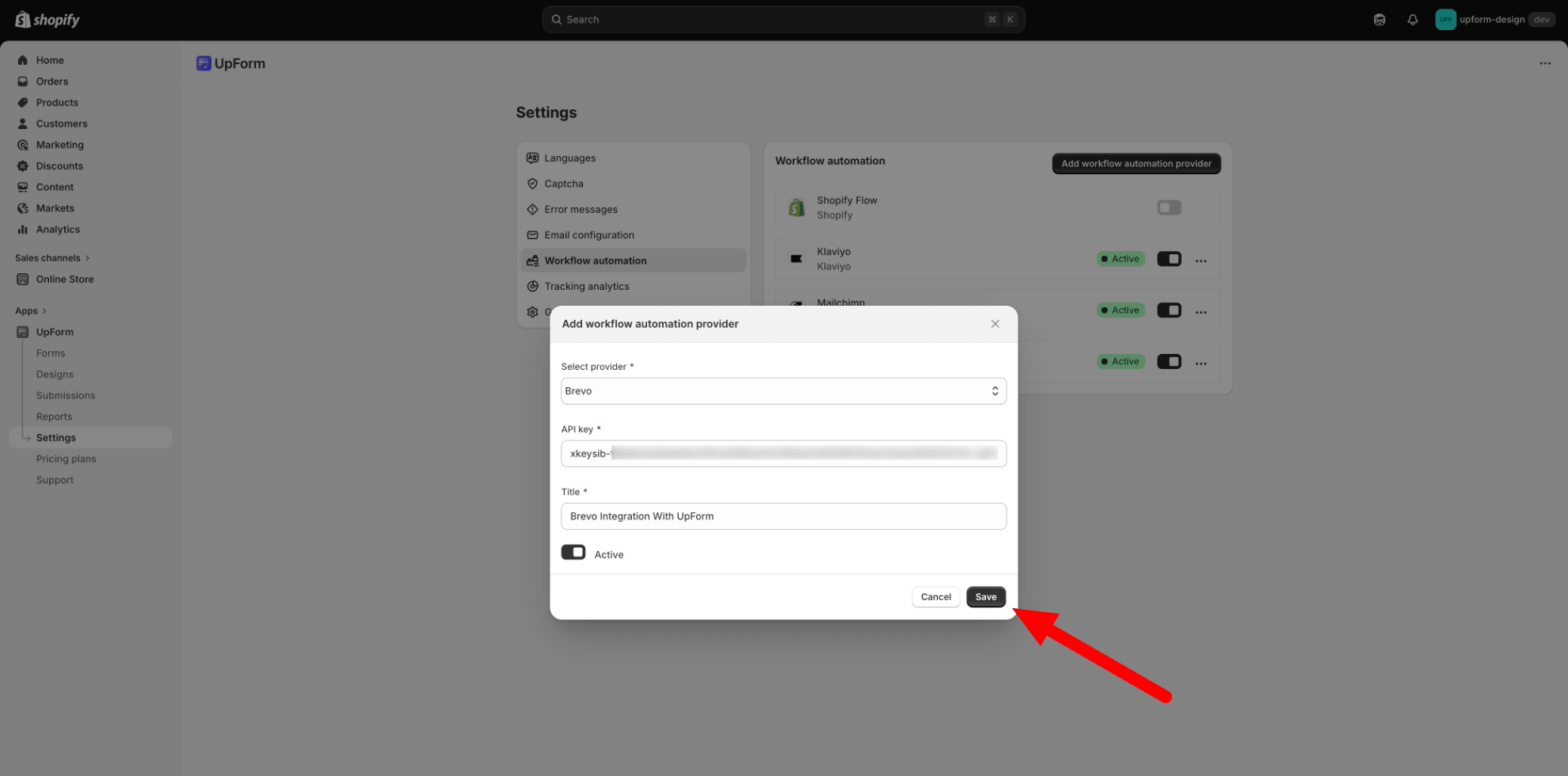 Paste Brevo API key in UpForm
