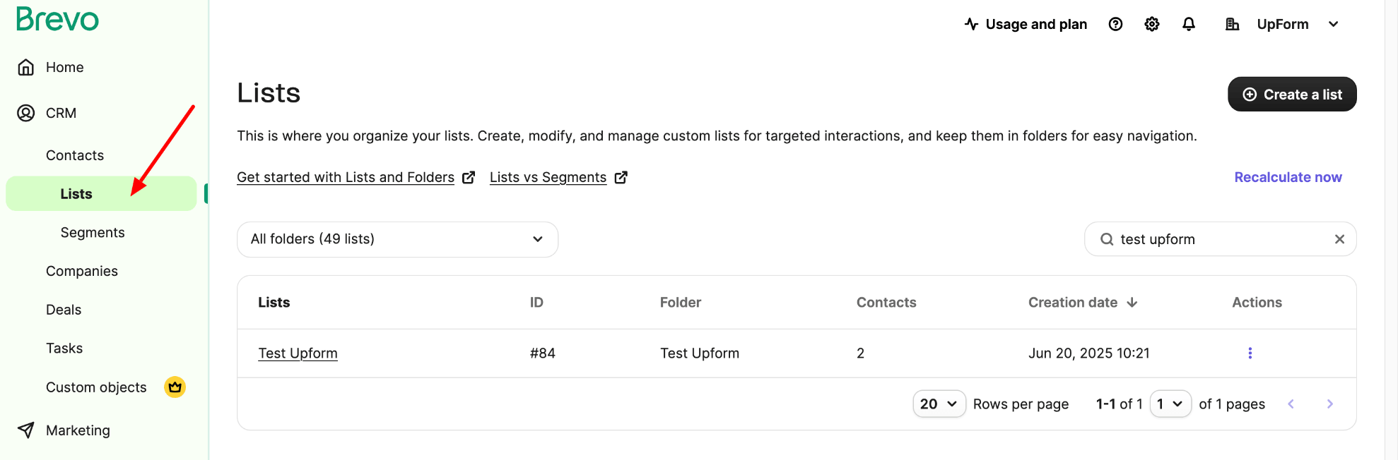 Brevo CRM contact lists page