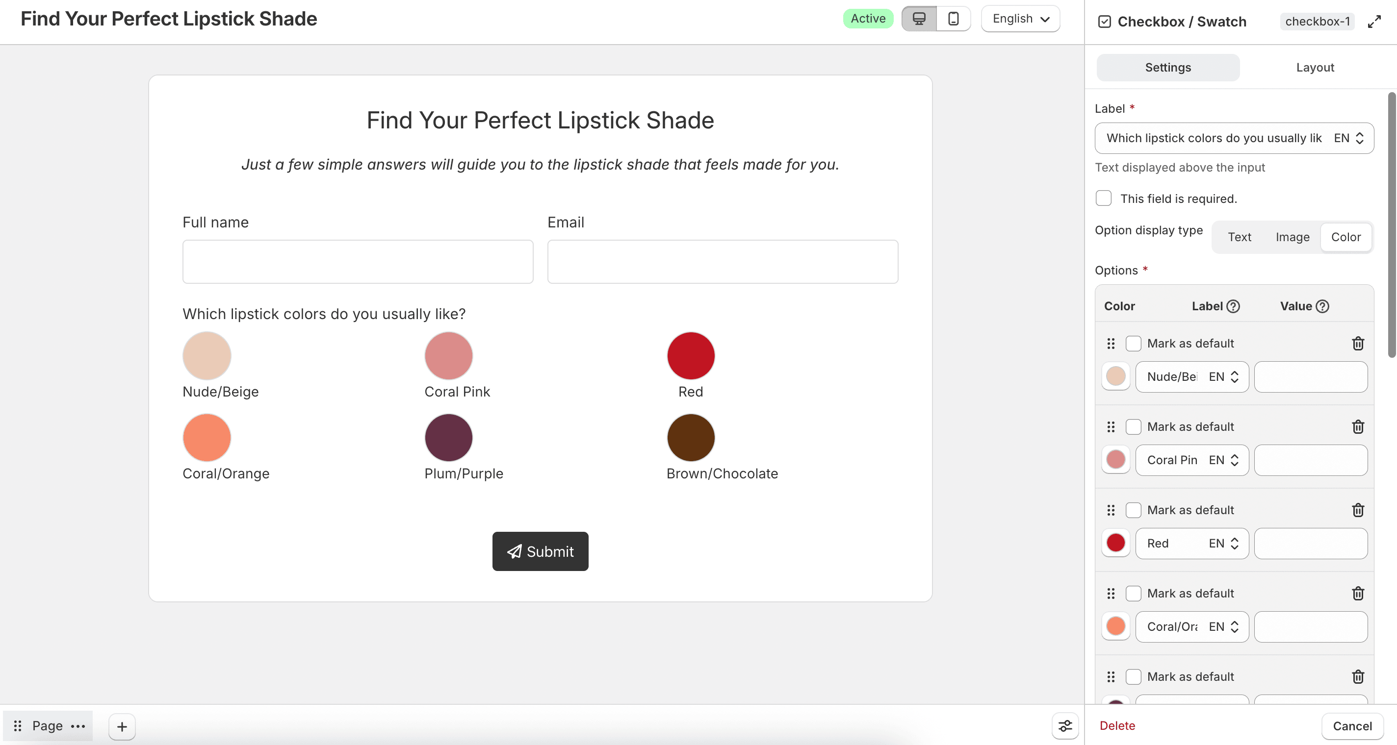 Checkbox or swatch color display settings