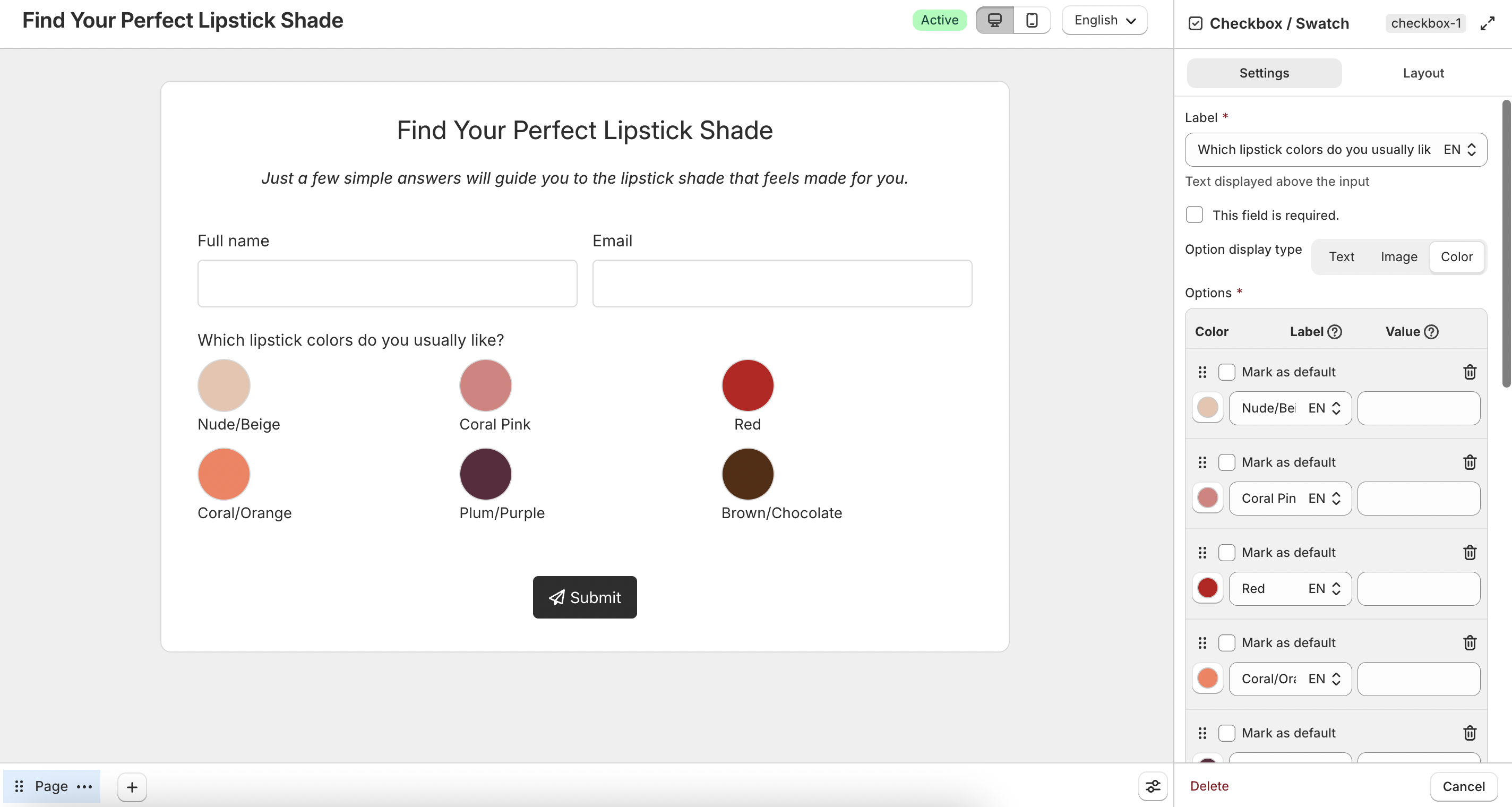 Checkbox or swatch color display settings