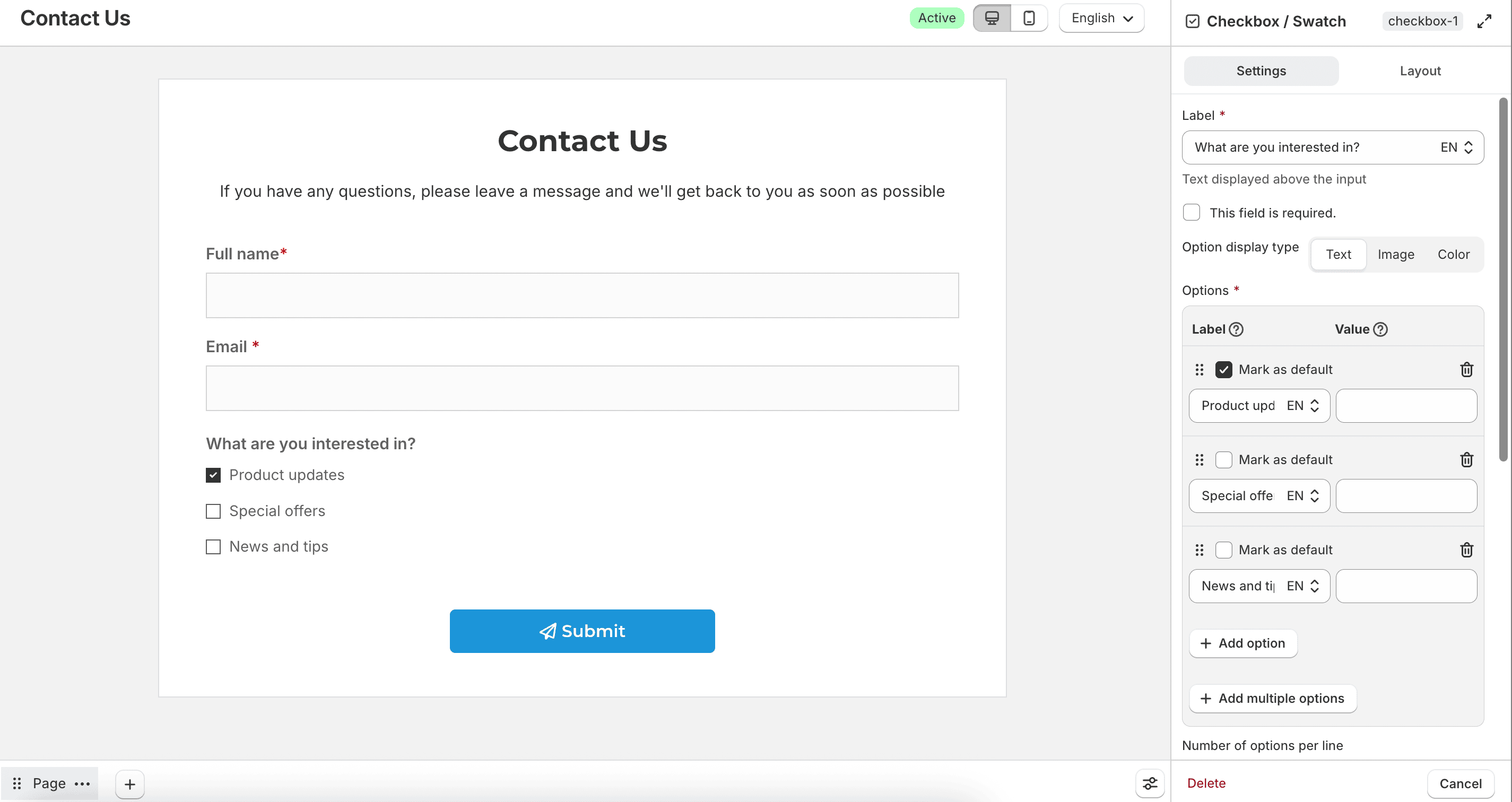 Checkbox or swatch field settings