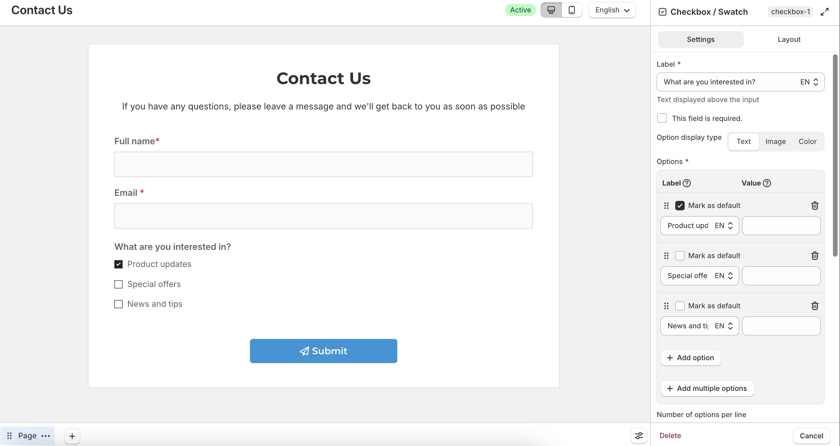 Checkbox or swatch field settings