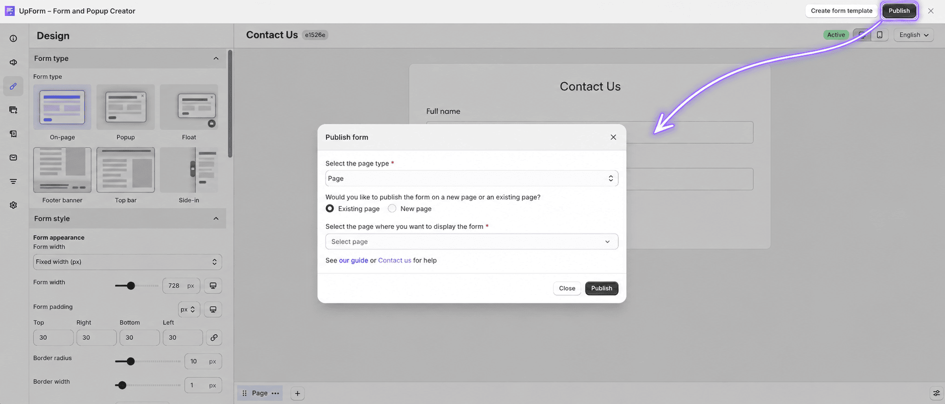 Click Publish form in the form builder