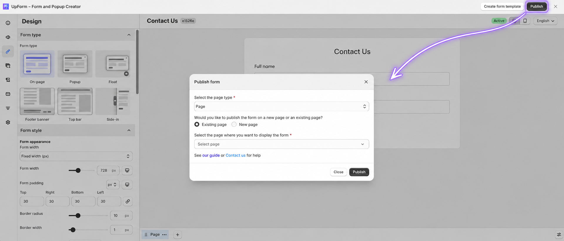 Click Publish form in the form builder