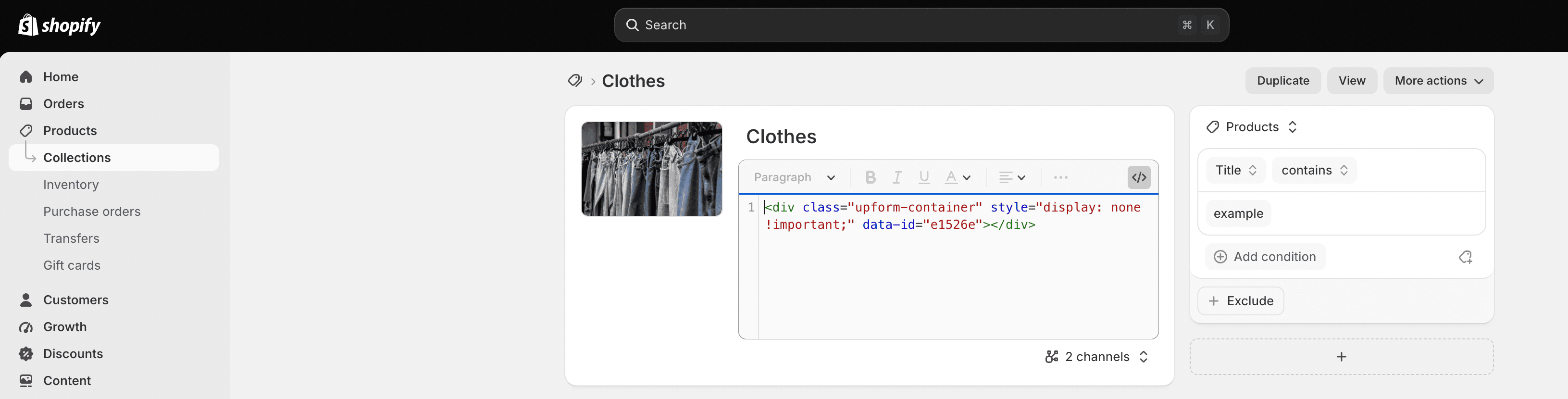 Collection editor with pasted form embed
