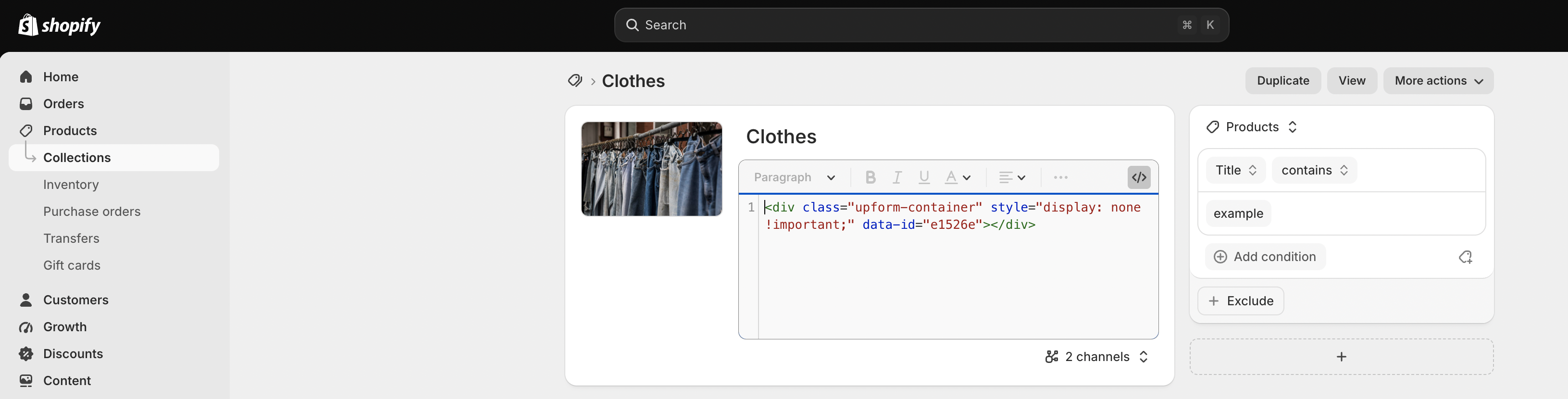Collection editor with pasted form embed
