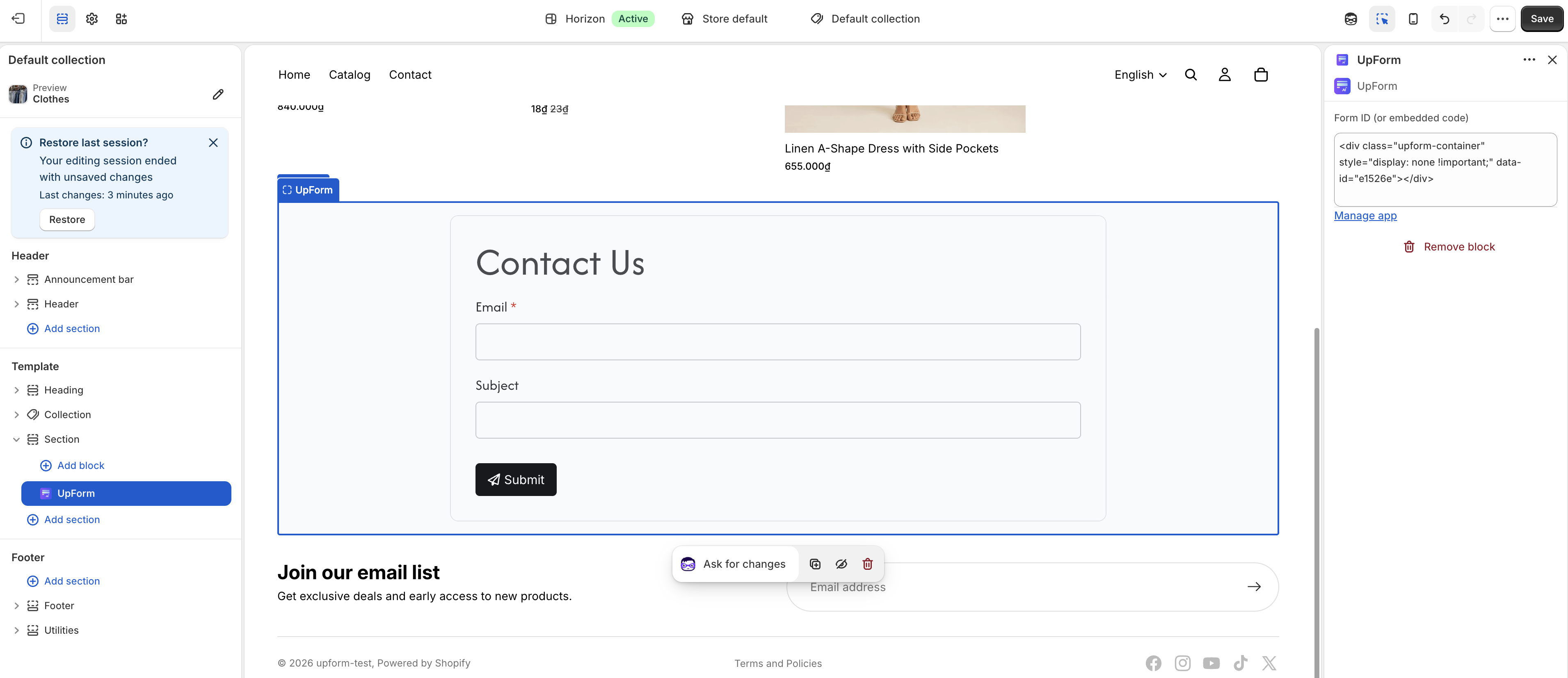 Collection template UpForm section settings