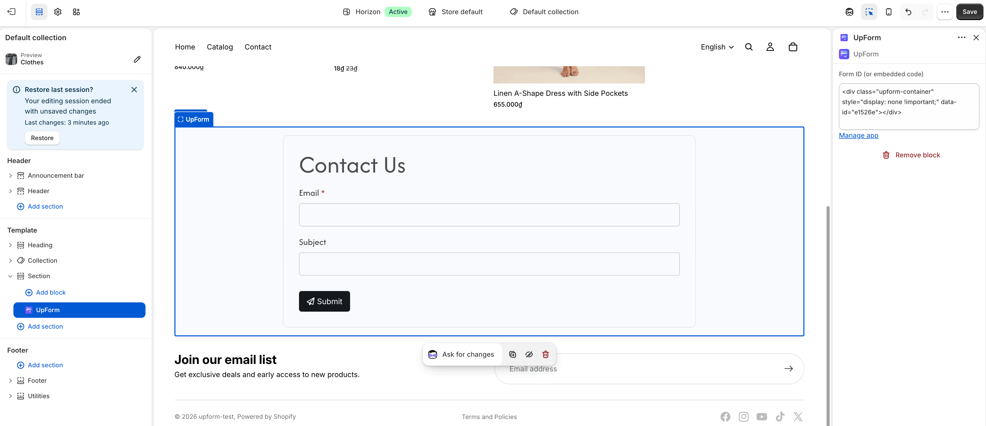 Collection template UpForm section settings