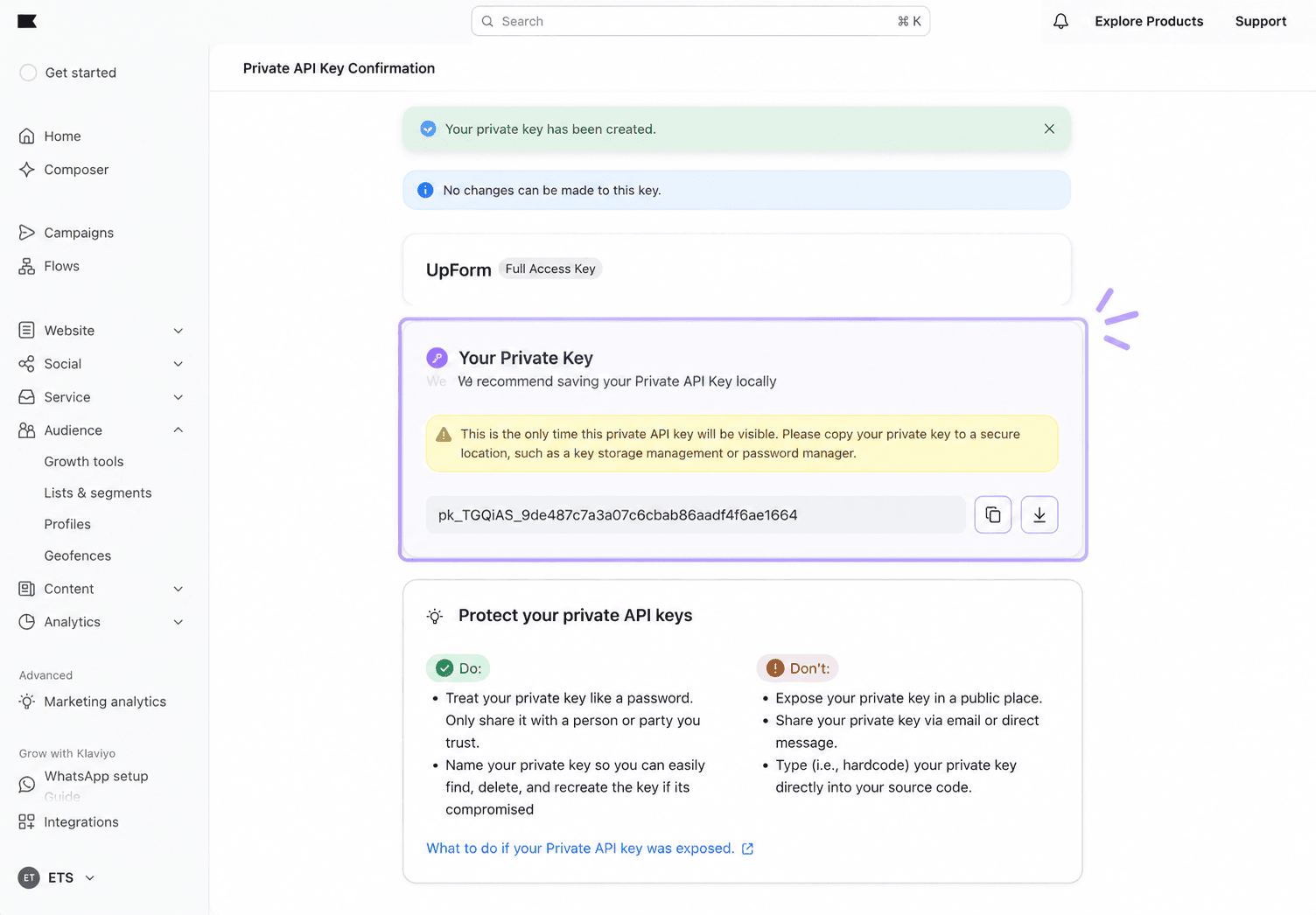 Copy new Klaviyo private API key